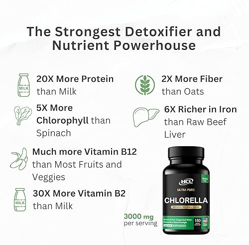 Miniatura 5 de Chlorella Cápsulas 3000 mg – Pared celular agrietada suplemento de algas verdes azules – La mejor limpieza natural de desintoxicación – Vitaminas