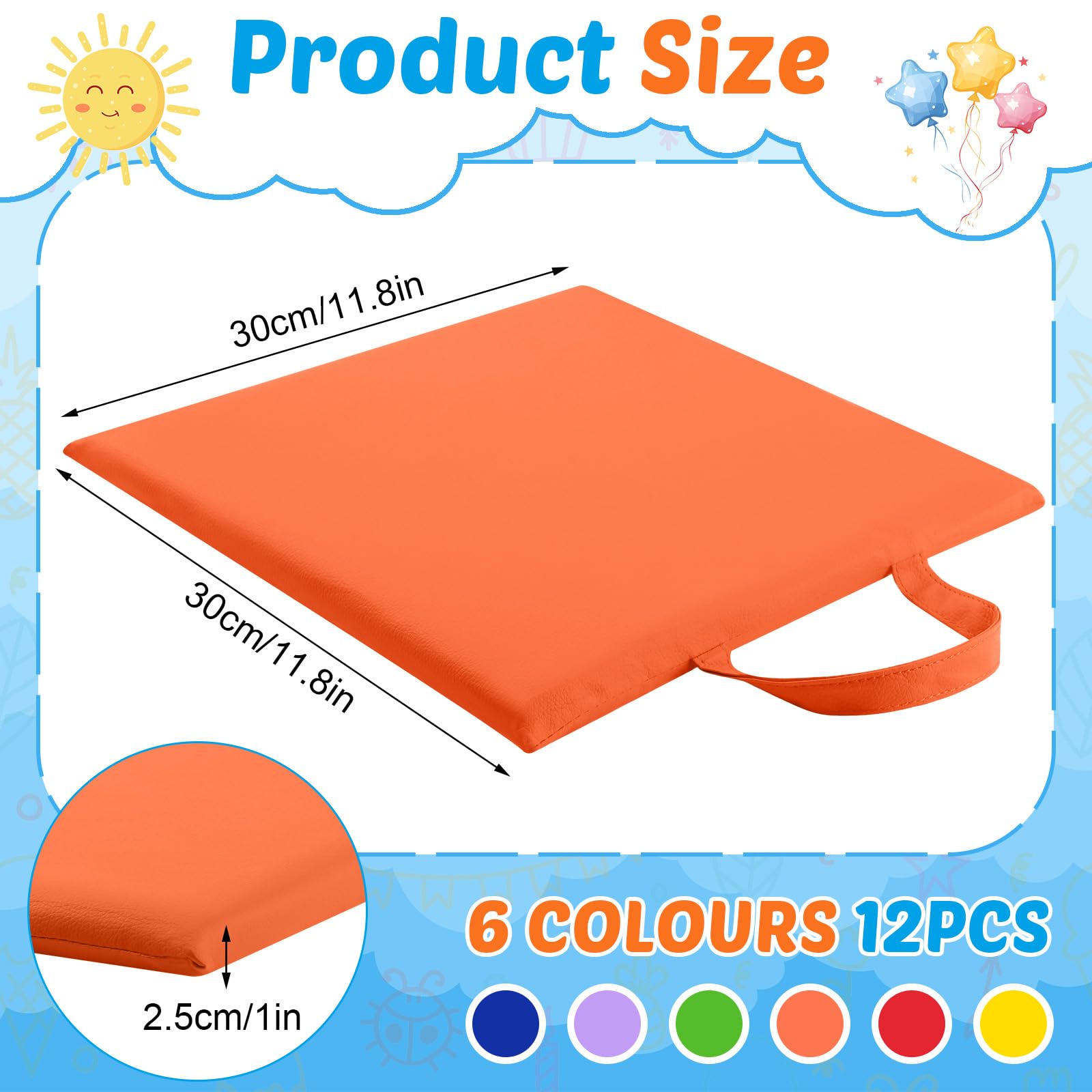 Suzile 12 Pcs 12'' Square Floor Cushions for Kids Classroom Flexible Floor Seating with Handles Classroom Carpet Cushions for Adults Toddlers Daycare Preschool School(Bright Color,Square)