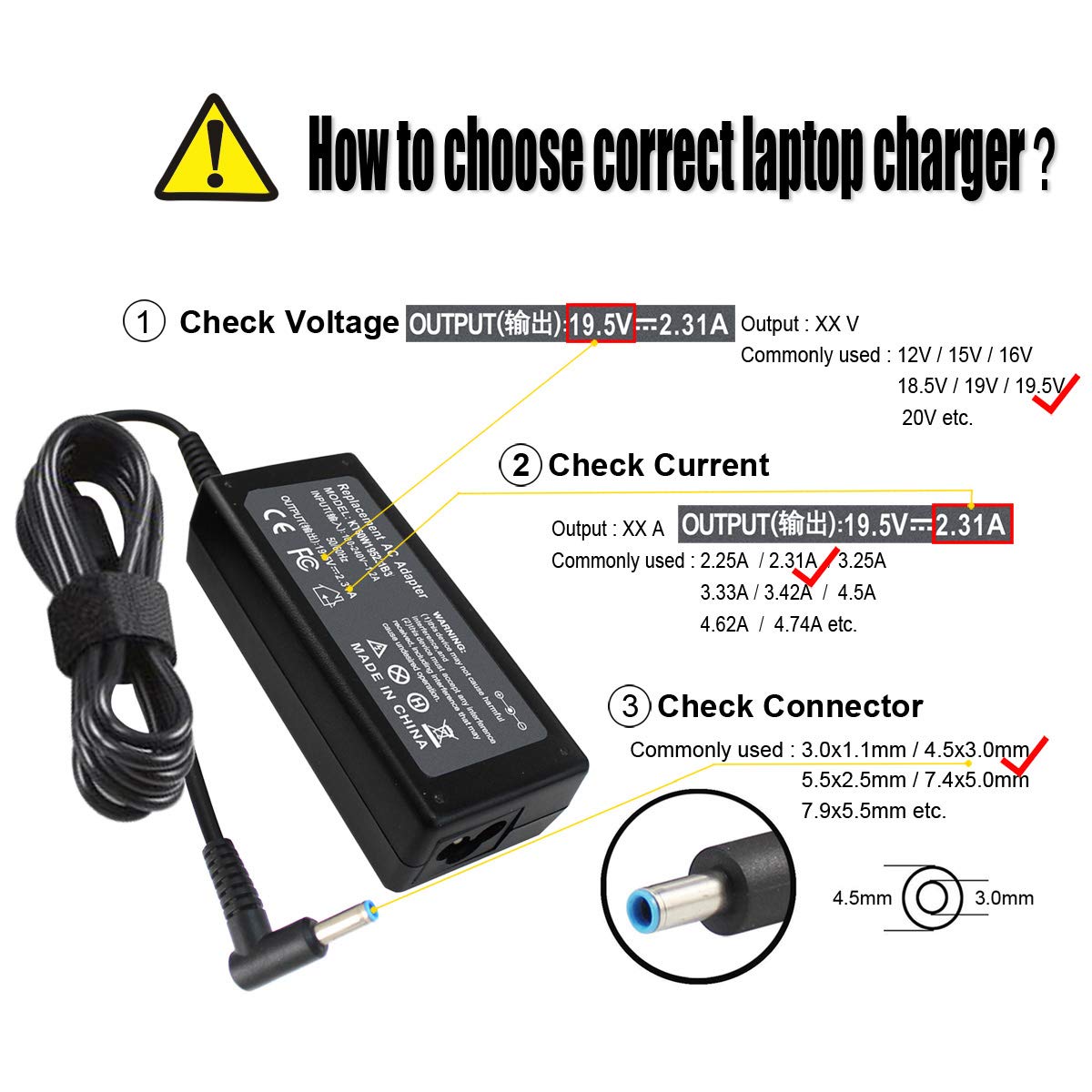 19.5V 2.31A 45W AC Adapter Charger Compatible with HP Pavilion x360 x2 11 13 15 M1 TouchSmart, Envy x360 x2 13 15 M6, Stream 11 13 14, 15-f 15-f272wm 15-f387wm 15-f233wm 15-bw 15-bs 15-a 15-d 15-g