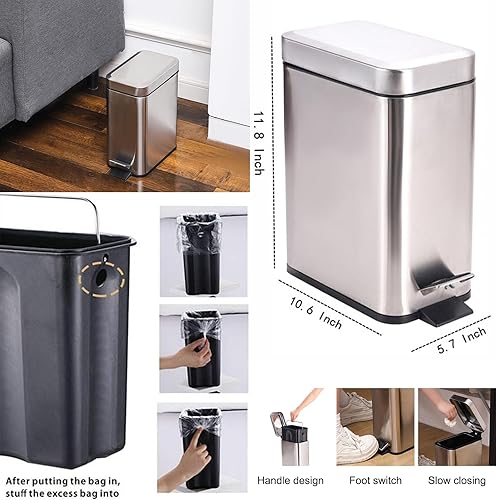 Miniatura 2 de Cubo de basura pequeño con tapa de pedal escalonado, cubo de basura de acero inoxidable de 6 litros/1.6 galones, mini cubos de basura rectangulares