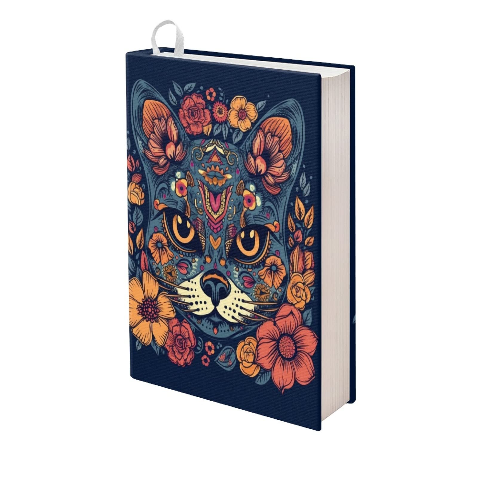 Kuiaobaty Novelty Cat Floral Fabric Book Cover for Notebook,Novel, Animal Flowers Book Sleeve Stretchy Cloth 11 X 9 Inch