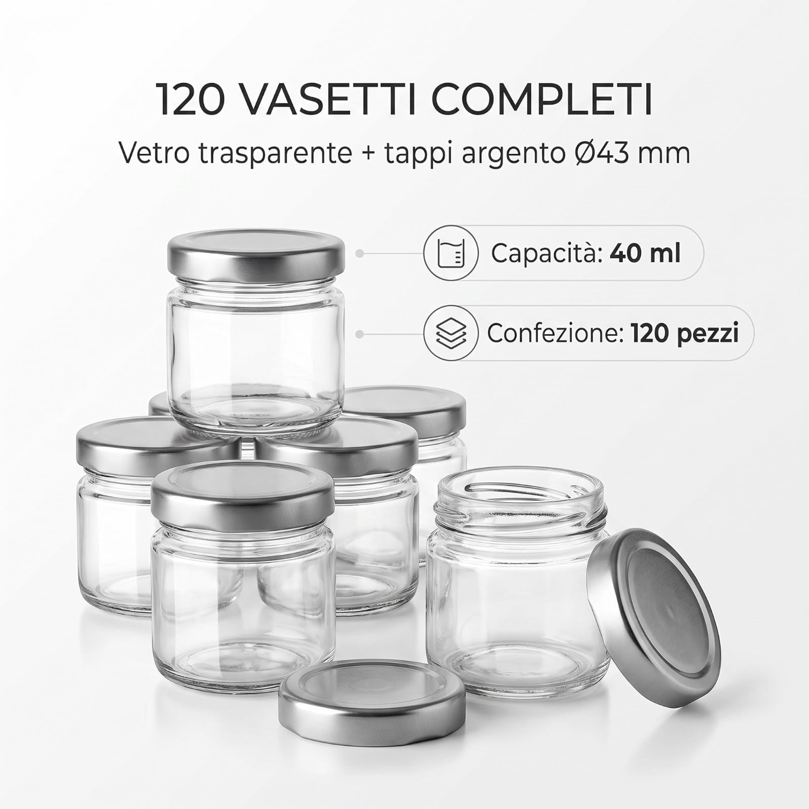 Chianese Vasetti in Vetro Monodose con Tappo Argento Ø43 mm – Confezione 120 Pezzi – Barattolini per Miele, Marmellate, Confetture, Spezie e Bomboniere