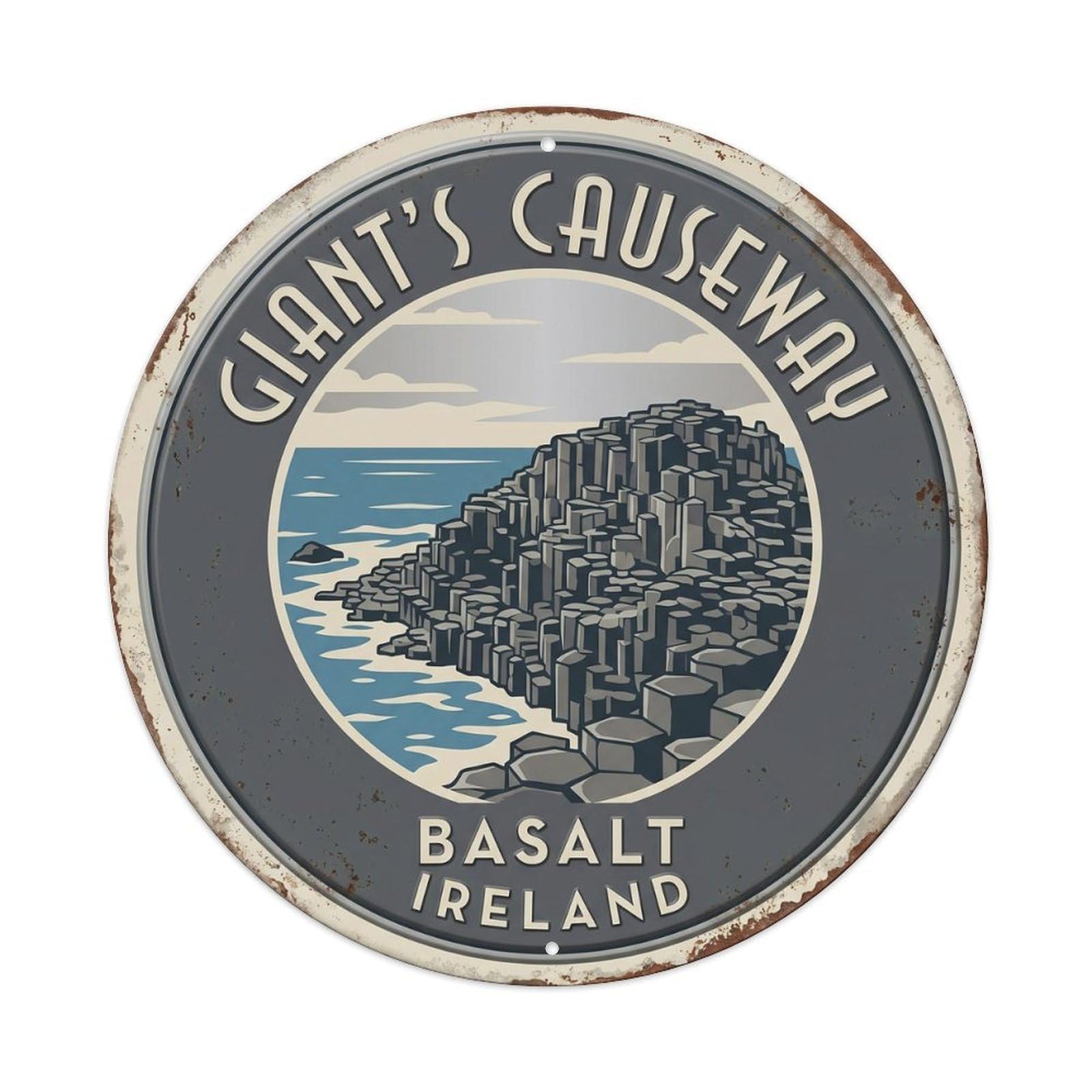 Giant Causeway Basalt Ireland Coast Metal Tin Sign Plaque Wall Decor for Cafe, Club, Garden Round Metal Poster 8x8Inch