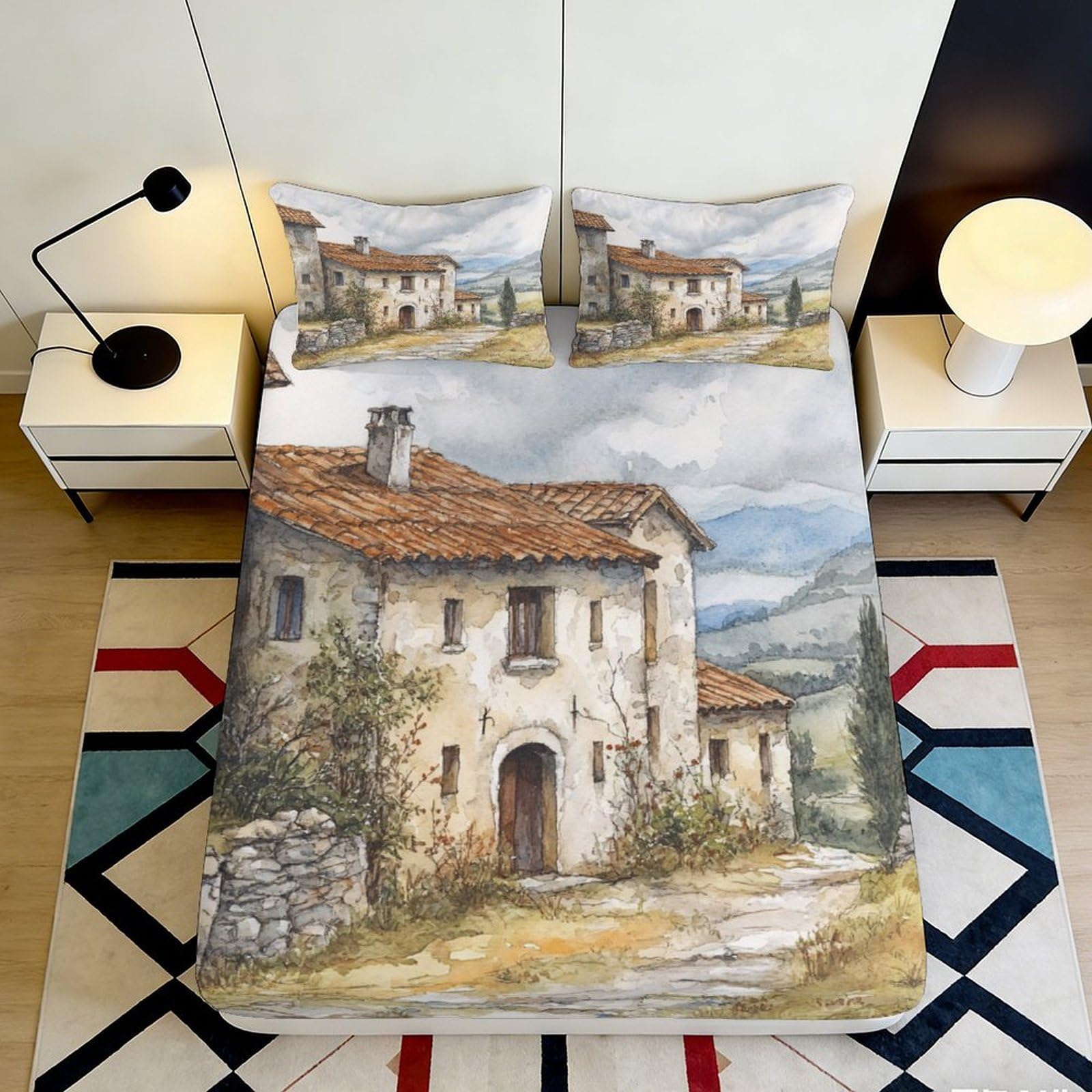 Jqzkxnhpbr Style-8 3D Printed Tuscany Village Fitted Sheet Microfiber Soft Anti-Slip Countryside House Mattress Cover Bedroom Decor 90X200x25cm