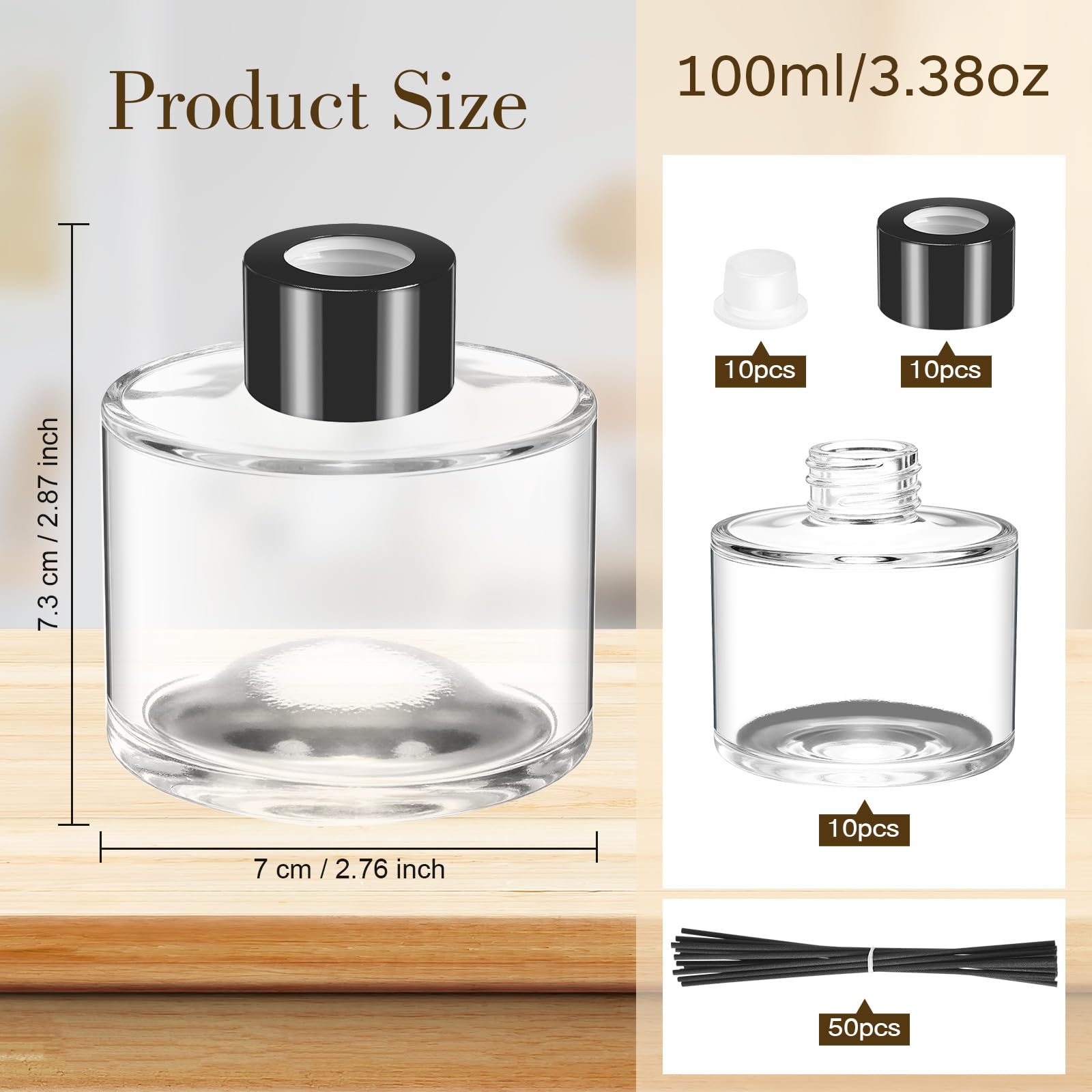Chunful 10 Sets Schilfrohr-Diffusor-Flasche, leer, nachfüllbar, Duftglas, Diffusor-Flaschen, 100 ml, runde Gläser mit schwarzen Kappen und Rattanstäbchen für Wohnzimmer, Zuhause, Ersatzduft