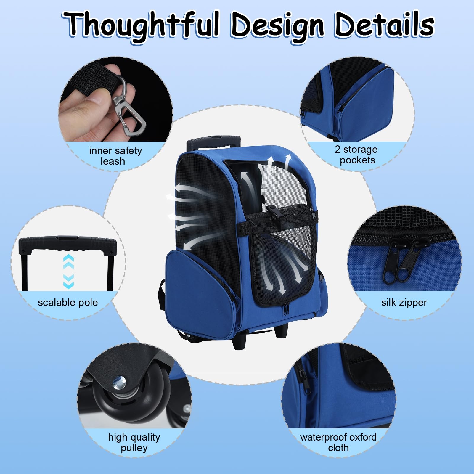 Mochila con ruedas para mascotas, mochila de viaje para mascotas con ruedas dobles y asa telescópica, transportador de mascotas con ruedas, transportador de viaje para mascotas para gatos