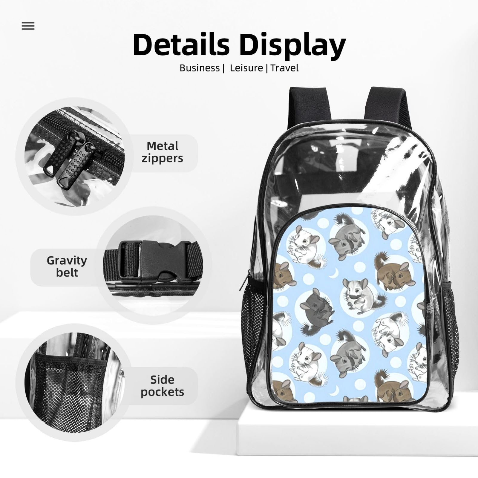 Niebieski szynszyle i księżyc nadruk unisex przezroczysty plecak zestaw 3-częściowy przezroczysty lunch piórnik podróżny na zewnątrz