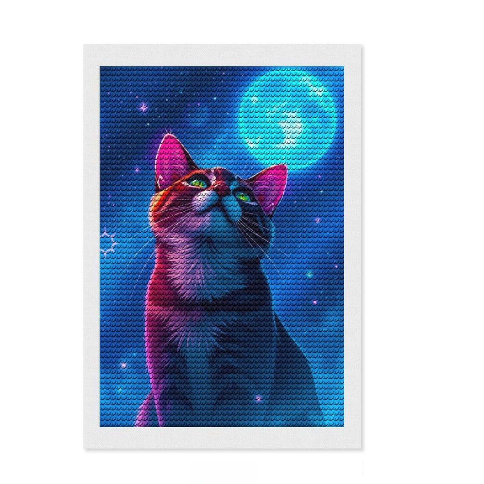 Junmoney Cat Gazing at The Moon Diamond Style Art Kit 8"x12", Winter Craft, Gift Idea, Farmhouse Decor, Thoughtful Present, Office Decor