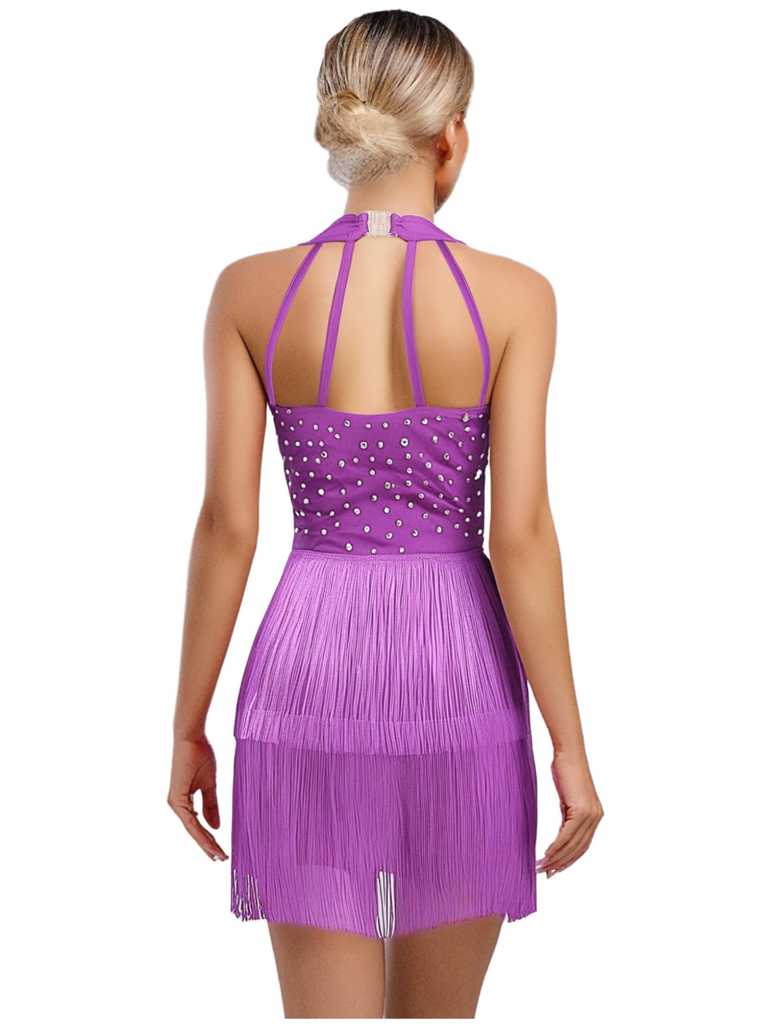 Jan Jean Womens Spark Rhinestone Dance Jumpsuit Fringed Strappy Back Latin Jazz Dance Leotard Costume Purple Large