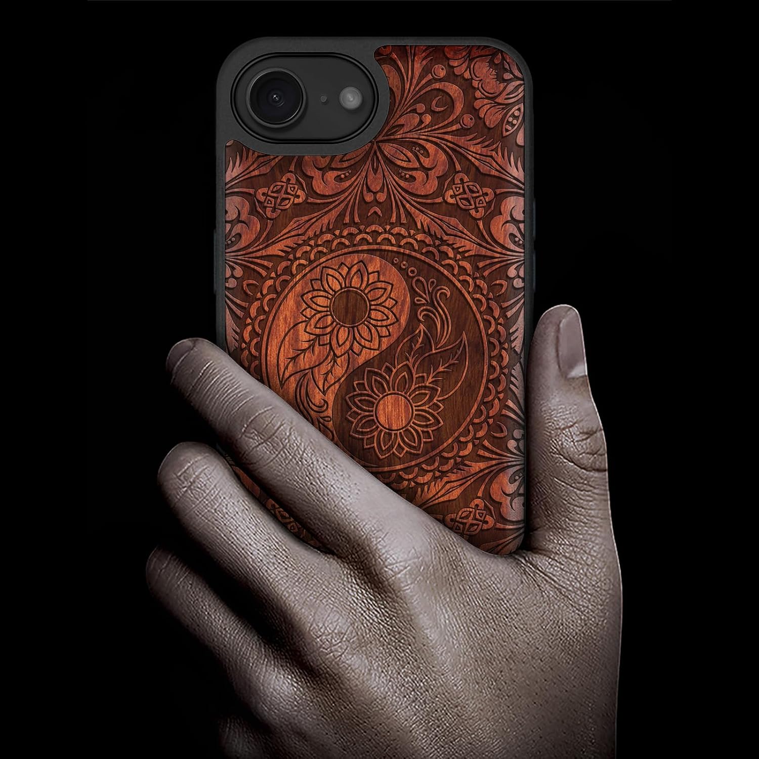 Carveit Magnetic Wooden Case for iPhone 16e / 17e, Solid Wood & Black TPU, Artisan Engraved Design, Shockproof Cover, Compatible with MagSafe Wireless Chargers, The Yin Yang Mandala - Rosy