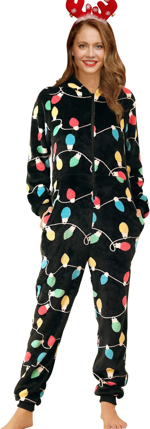 ALIREVERIE Women Christmas Novelty Cosplay Pajamas Hooded Zip Up Fleece Plush Onesies Xmas Lights 12 Years