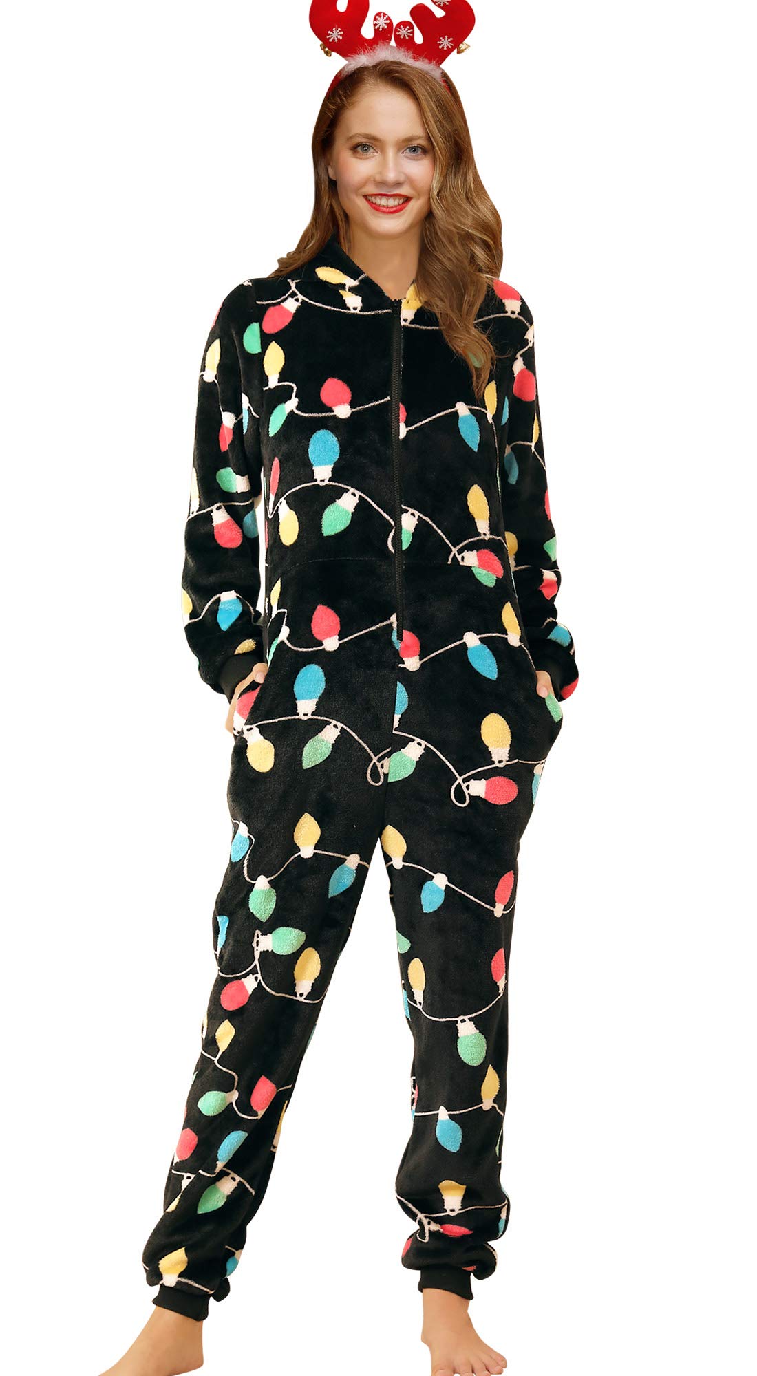 SpadehillChristmas Women One Piece Hooded Fleece Pajamas