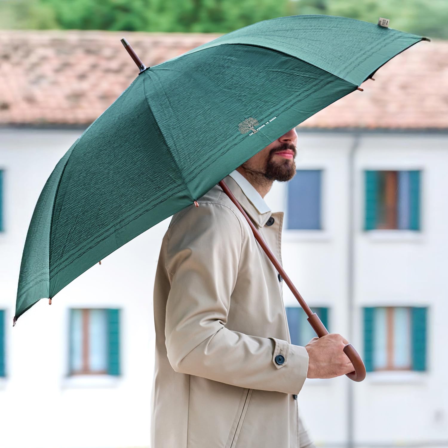 PERLETTI GREEN Parasol Przeciwdeszczowy z Drewnianą Rączką dla Kobiet Otwierany Automatycznie Wiatroodporny - Długi Ekologiczny Parasol - Mocny i Wodoodporny - Średnica 102 cm