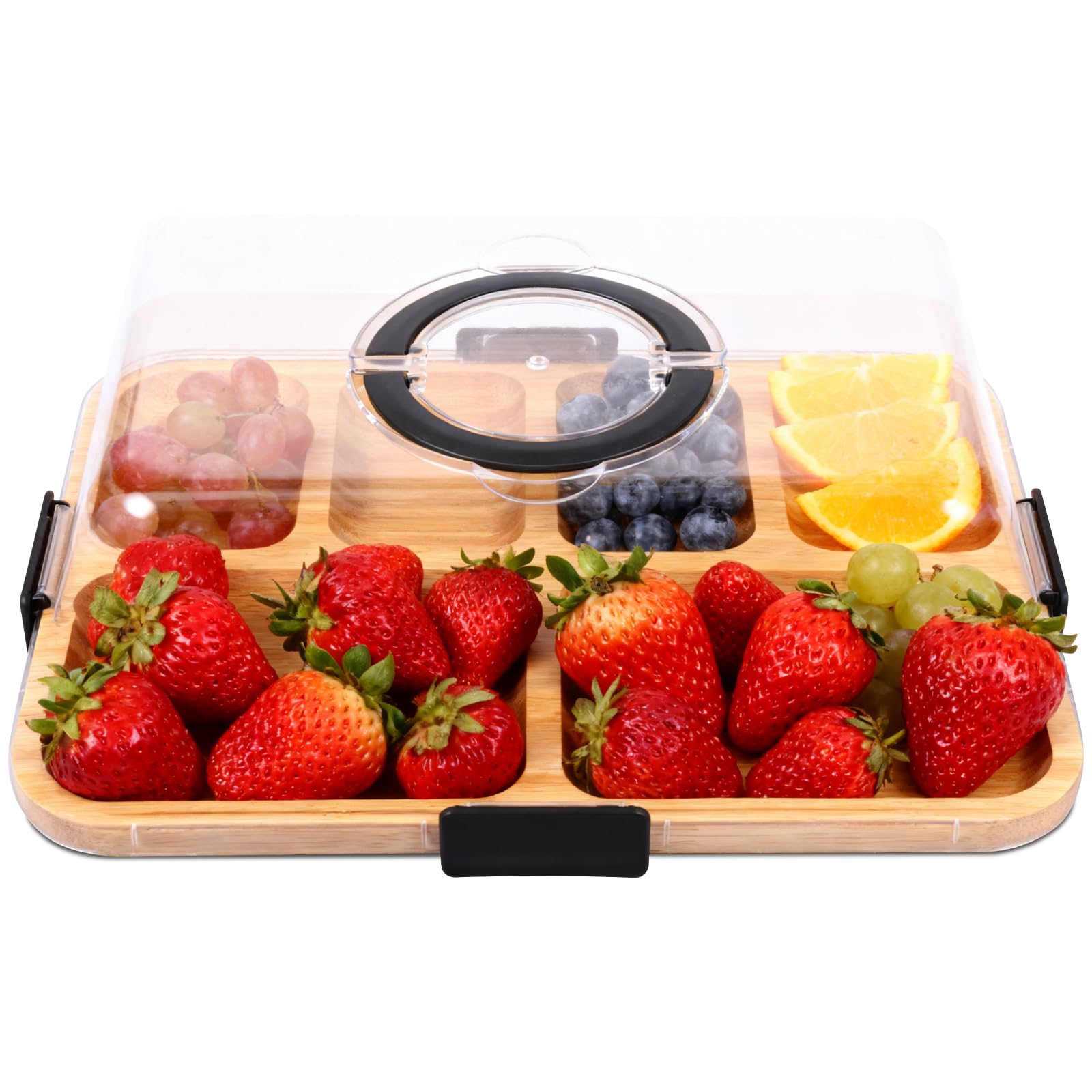 Charcuterie Boards with Lid,Bamboo Snack Serving Tray,6-Compartment Cheese Board with Locking Covered and Handle,Party Travel Food Boards for Christmas, Birthday, Housewarming, Wedding
