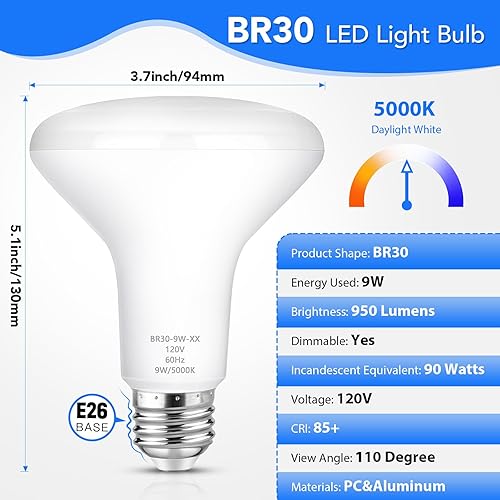 Miniatura 5 de Maylaywood Bombillas LED BR30 para interiores, equivalente a 90 W, regulable, luz blanca diurna 5000K, 950LM, base E26, bombilla LED empotrable de 9