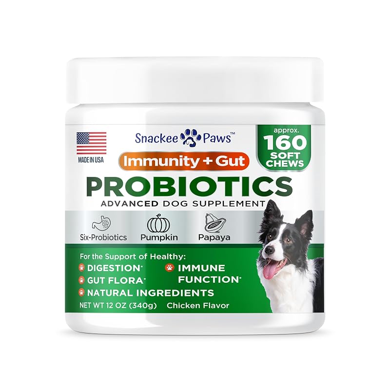 Probiótico para Cães com Prebióticos, Enzimas Digestivas e Fibras Snackee Paws – 160 mastigáveis sabor frango