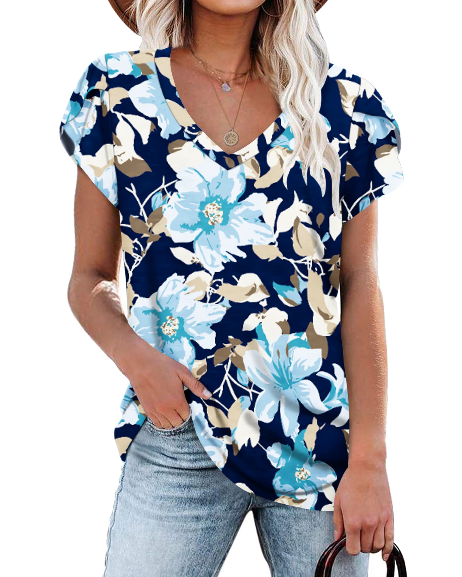 WNEEDU Womens T Shirts Petal Sleeve V Neck Casual Tees Summer Basic Tops