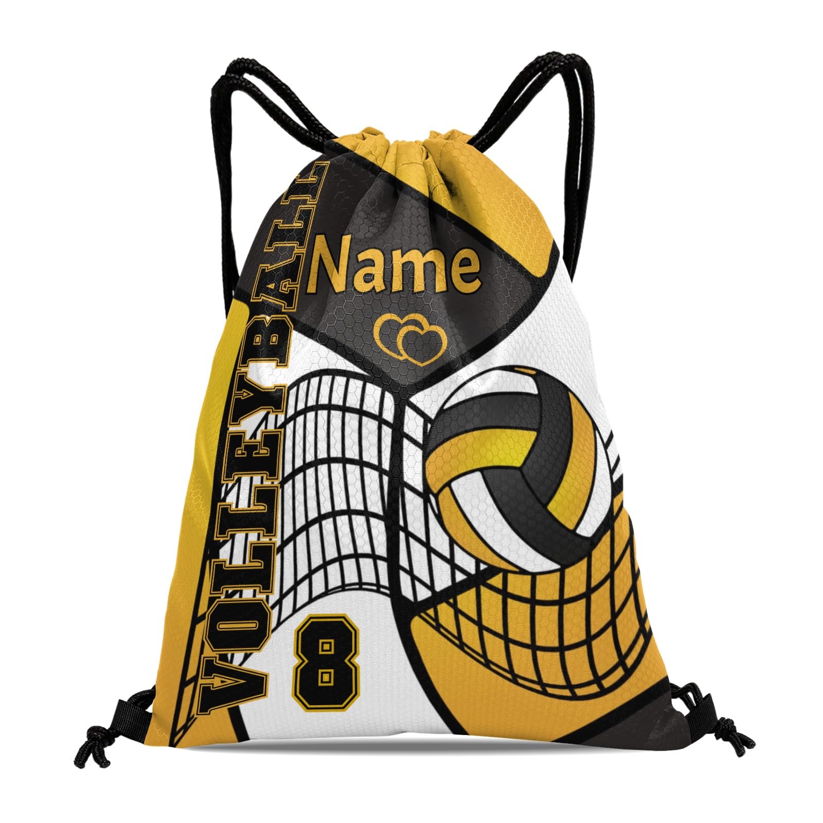 Zaaprint Customized Volleyball Gold Black White Drawstring Backpack String Bag with Name for Gym Shopping Sport Yoga