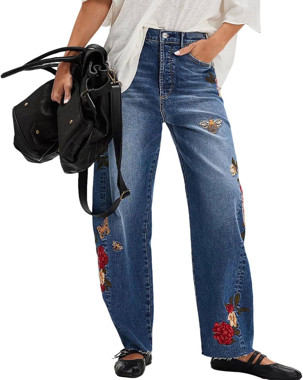 loveimgs Women Y2k Baggy Jeans Wide Leg Embroidered Denim Pants Mid Rise Barrel Jeans Boyfriend Ankle Sweatpants Pockets