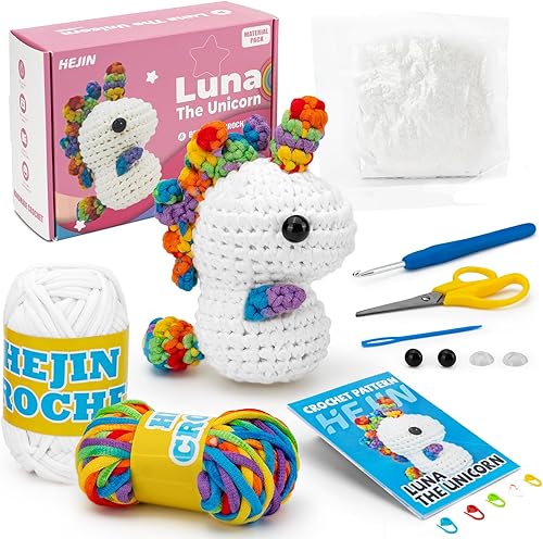 Kit de ganchillo para principiantes, los kits de ganchillo de unicornio para niños y adultos incluyen hilo arcoíris, videos tutoriales, ojos y