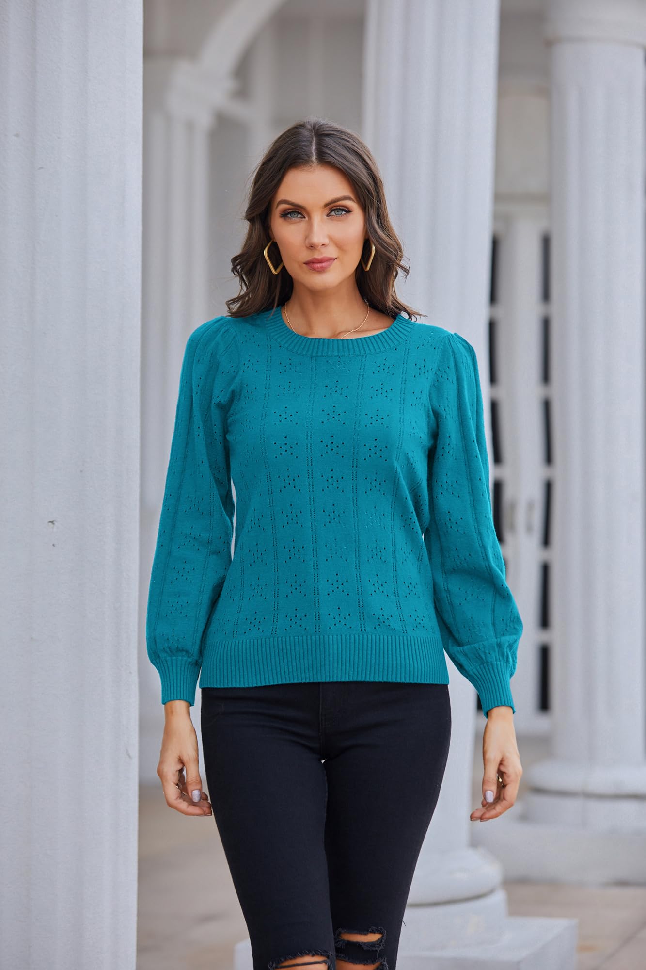 GRACE KARIN Maglia Elegante Donna a Manica Lunga con Scollo a Rotondo Tinta Unita