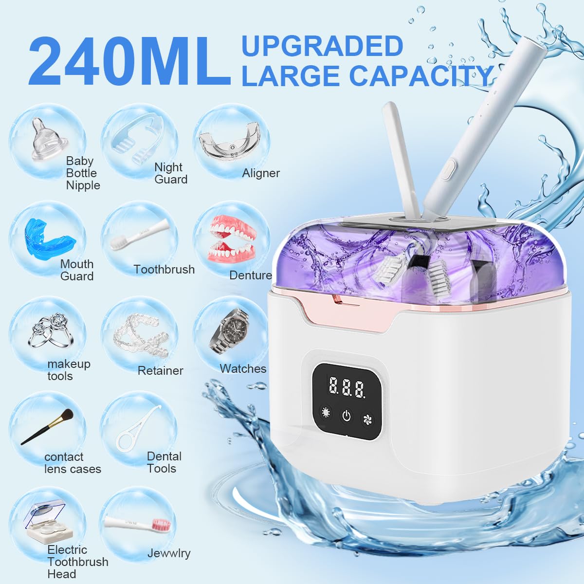 Ultrasonic Retainer Cleaner Machine, 48kHz Ultrasonic Dentures Cleaner with Timer & 4 Modes, 240ML Dental Pod for Mouth Guards, Braces, Aligner, Toothbrush, Jewelry, Makeup tool.
