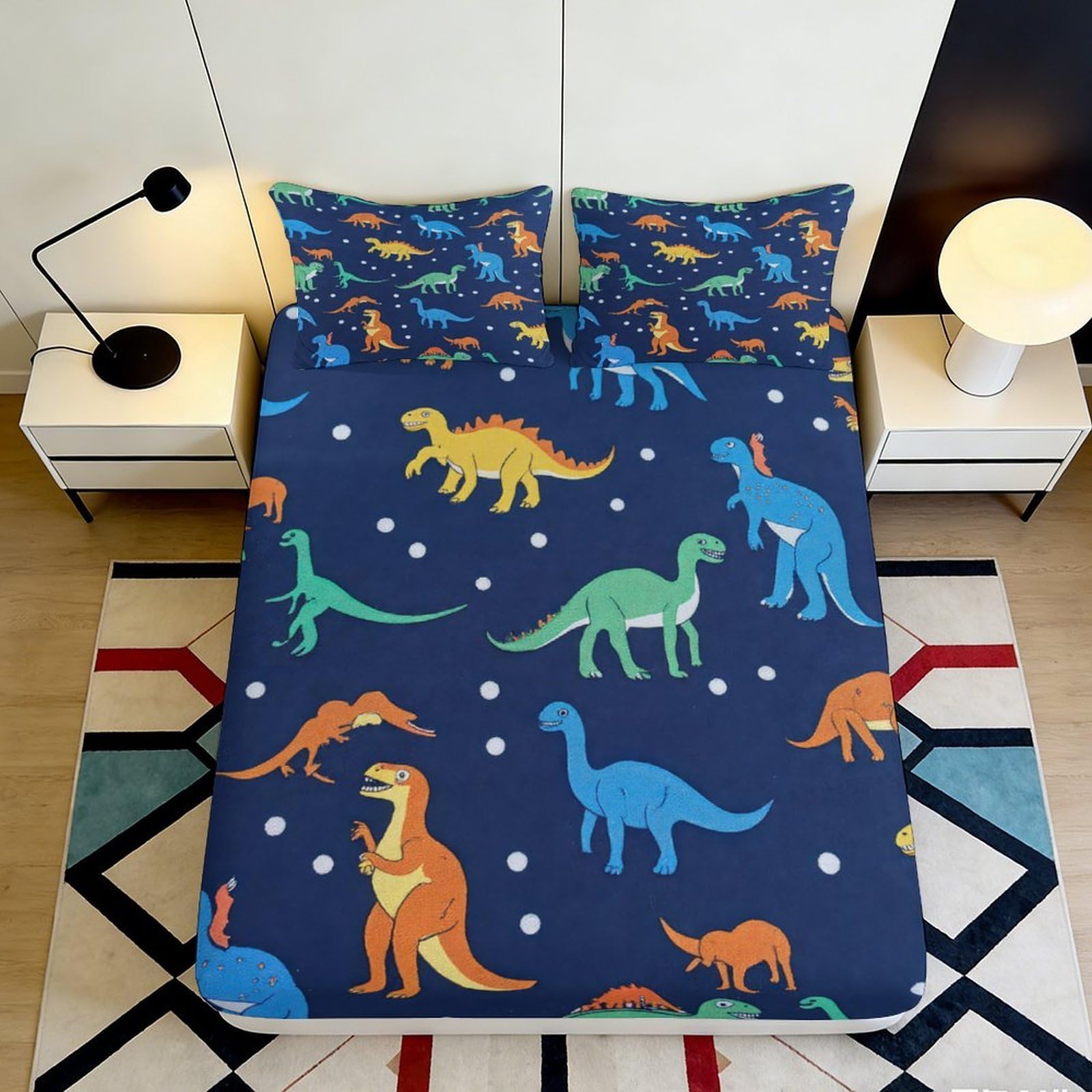 Pnayamiorkfel Style-1 3D Printed Cartoon Dinosaur Fitted Sheet Microfiber Soft Navy Blue Animal Bed Cover For Bedroom Guestroom Decor 90X200x25cm