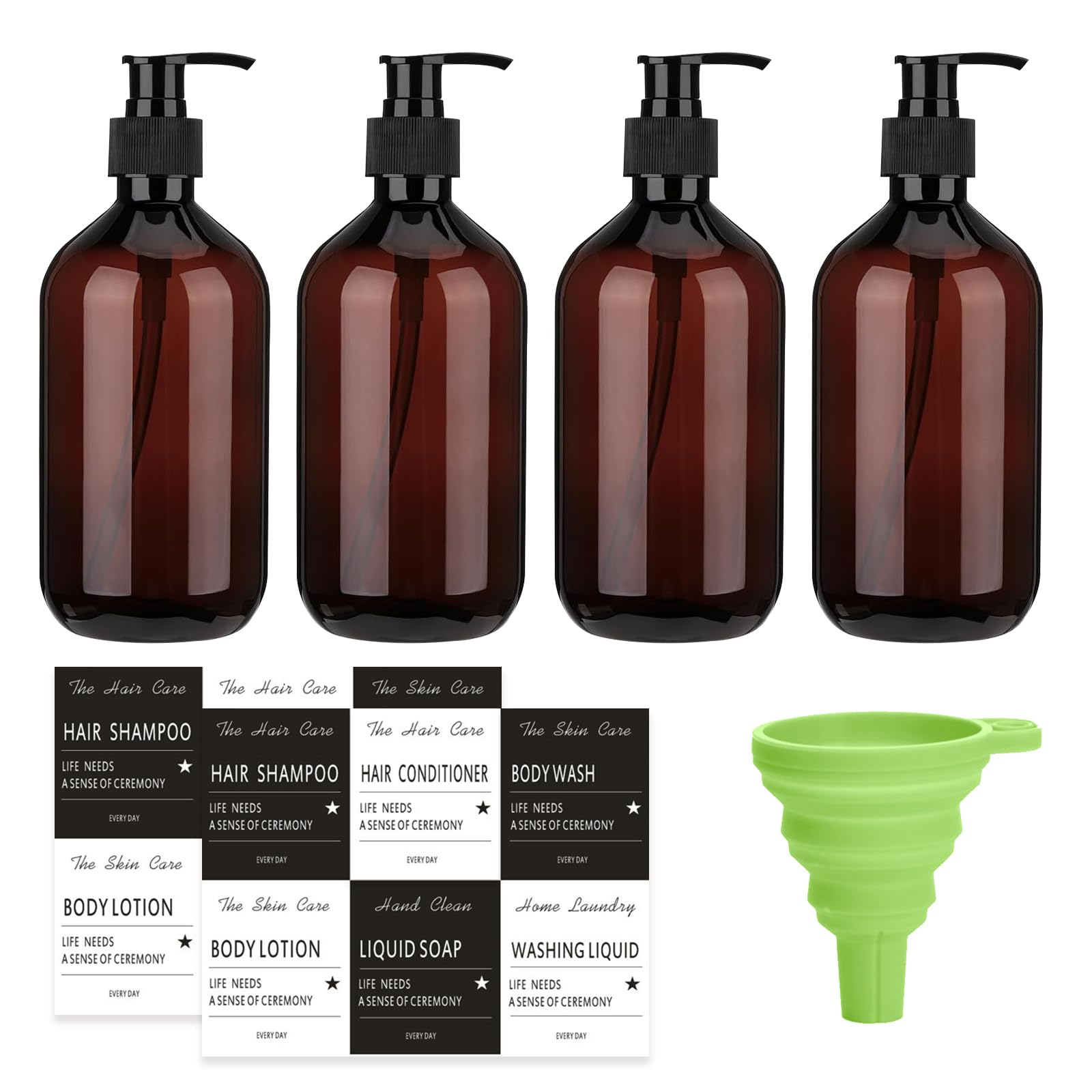 Soap Dispenser Set, 4 Pcs Shampoo and Conditioner Dispenser, 500 ML Refillable Shampoo and Conditioner Bottles Shampoo Bottle Pump Dispenser with Funnel Label for Bathroom or Hotel (Brown)