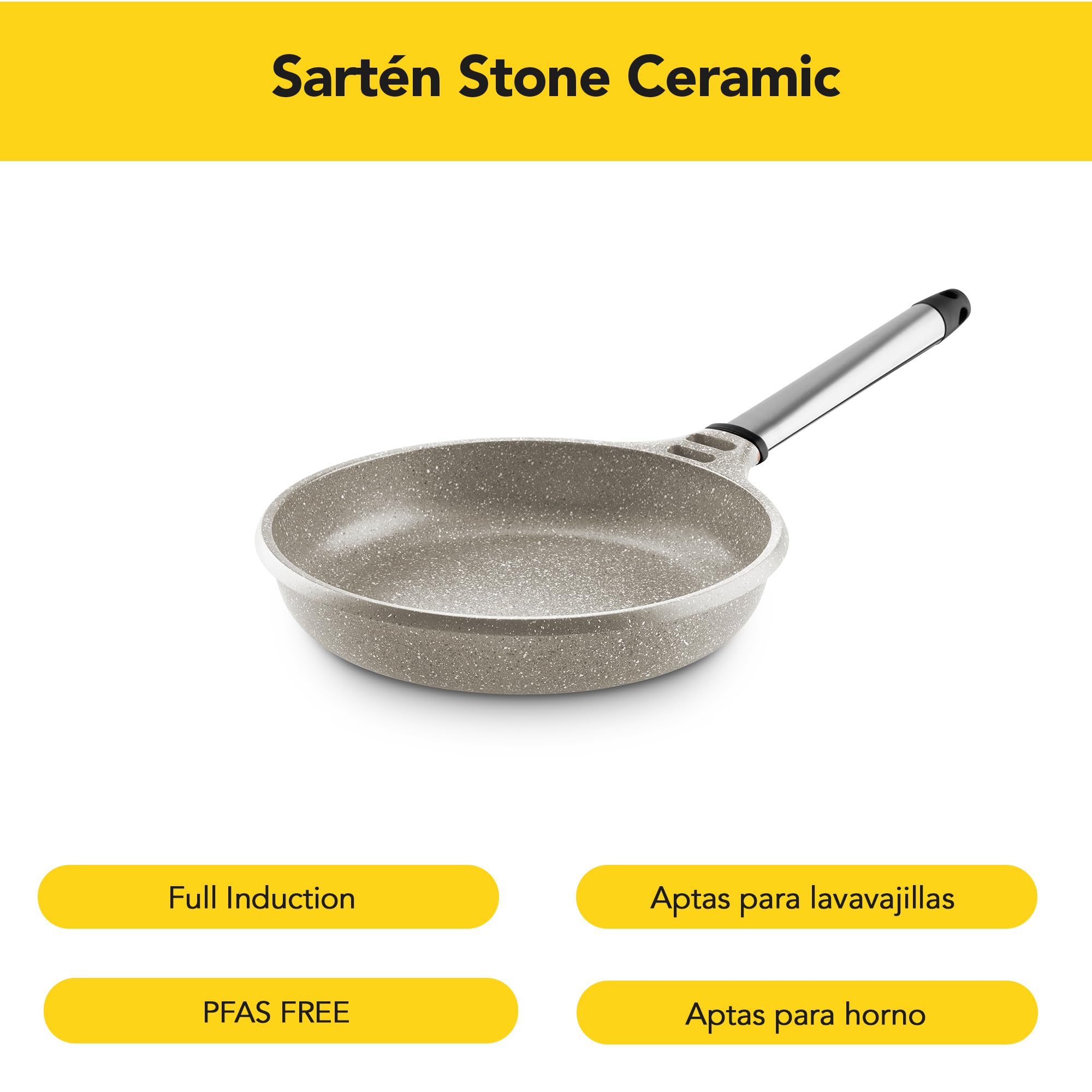 Castey - Sartén Stone Ceramic 24 cm, Acabado Gris, Mango Desmontable de Madera Natural, Aluminio Fundido, Antiadherente Cerámico Durion PFAS Free, Full Induction, Apta para Todas las Cocinas