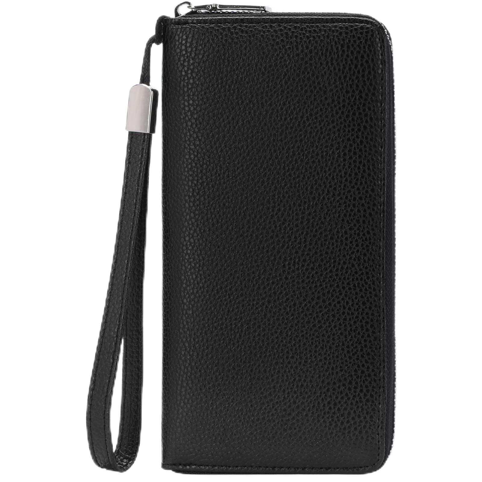 Leather Women's Wallets, Large Capacity Long Ladies Purse Card Holder Purse for Women with RFID Blocking and Detachable Wrist Black