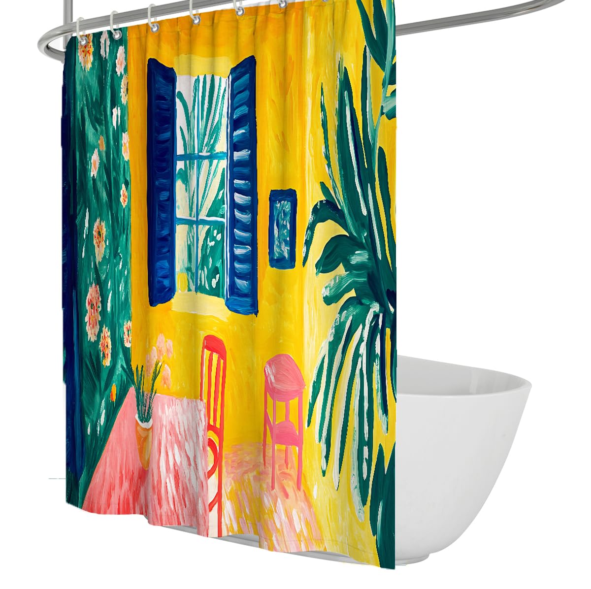 OLLIAR Home Abstract Interior Bathroom Shower Curtain Bright Open Blue Window Plant Painting Polyester Fabric Shower Curtain Waterproof Bathroom Decor 90x180cm