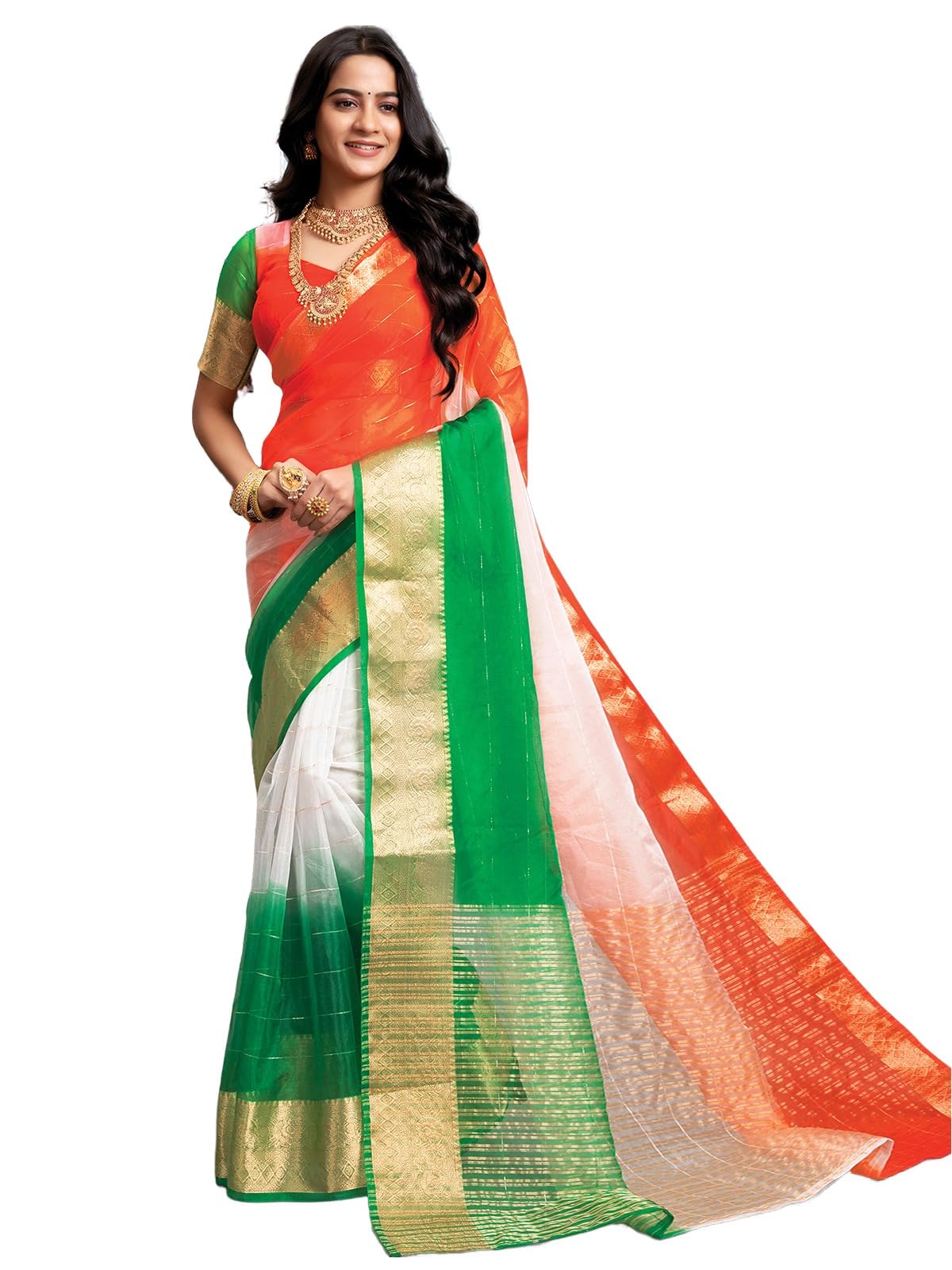 SatraniWomen'S Organza Jacquard Border Saree With Unstitched Blouse Piece