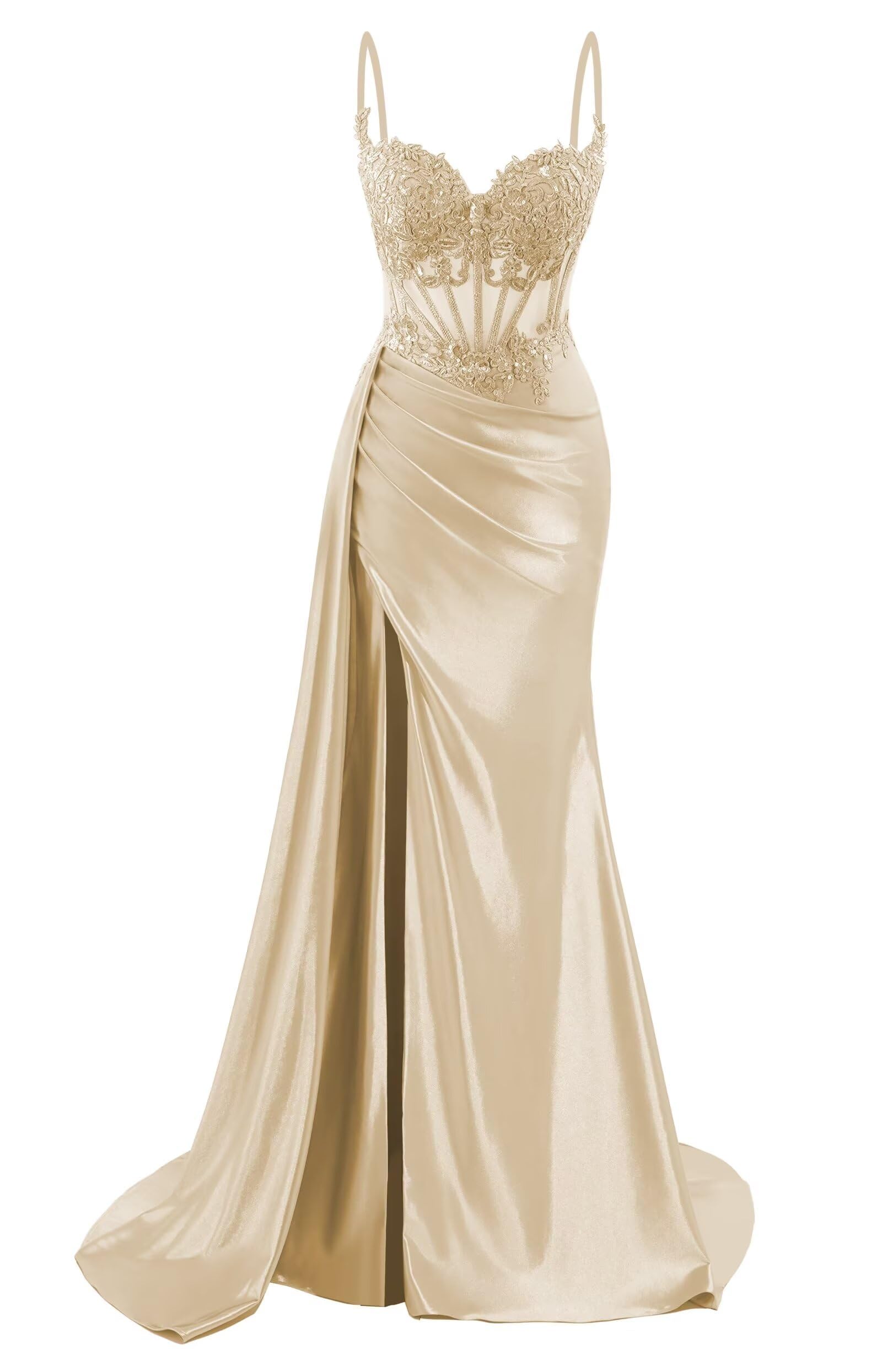 Hppee Women's Champagne Satin Prom Dresses For With Lace Applique Side Slit Long Formal Celebrity Pageant Evening Gown Uk6