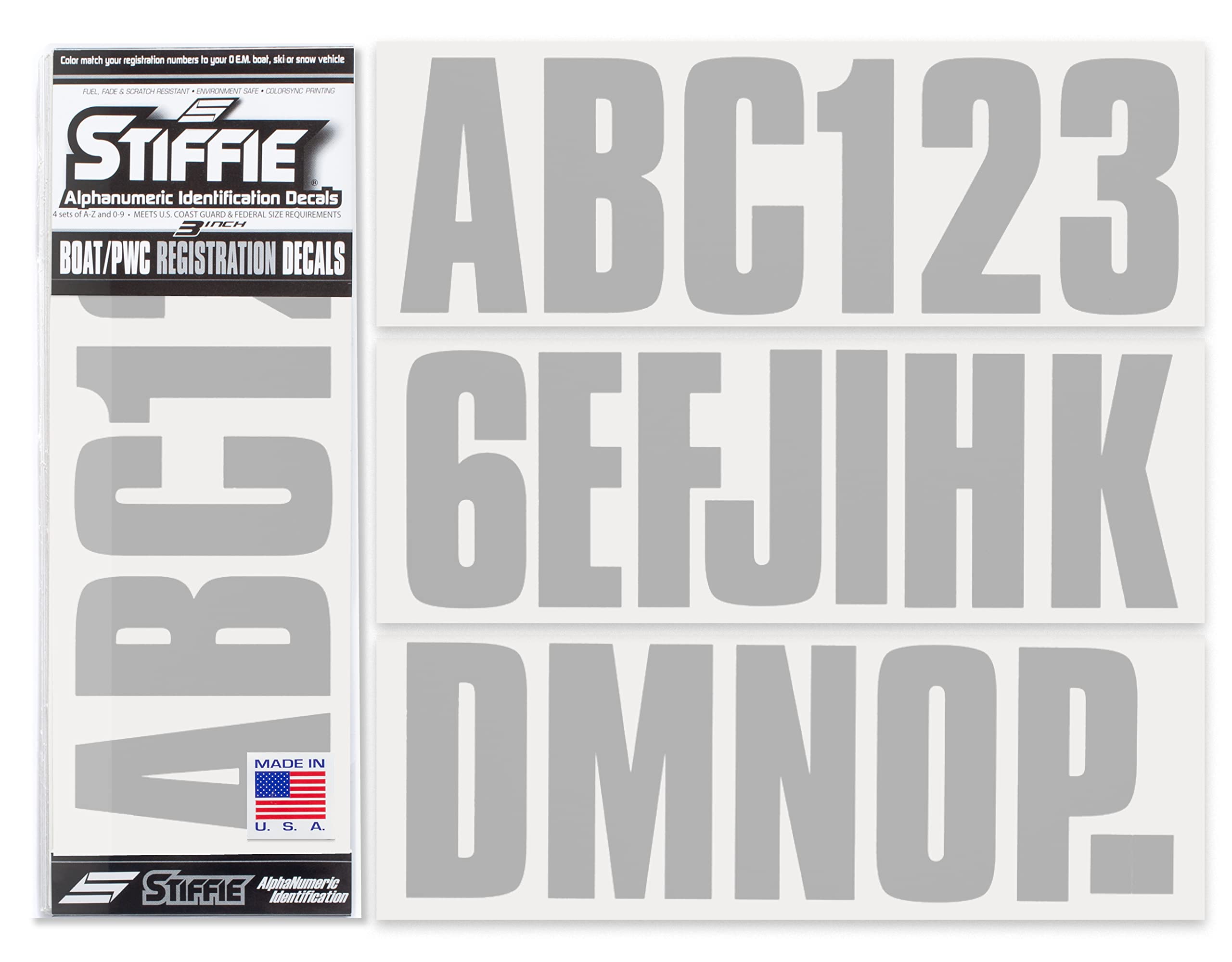 STIFFIE Uniline Metallic Silver 3" Boat &amp; PWC Registration Decals • Numbers Letters Stickers