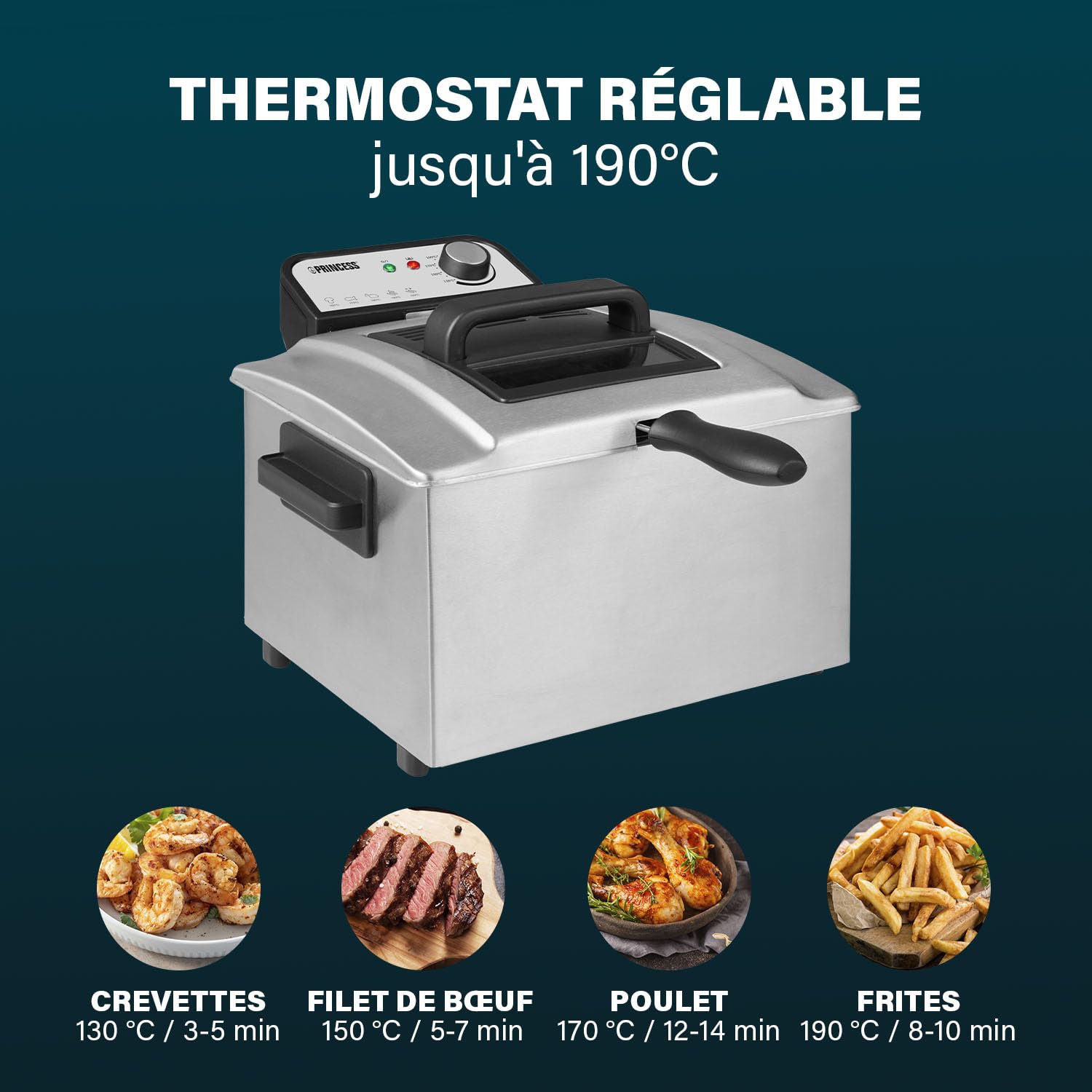 Princess Friteuse, capacité 5 L, 3270 W, technologie de zone froide, hublot, acier inoxydable, double thermostat, facile à nettoyer, éléments amovibles, 01.184090.01.001