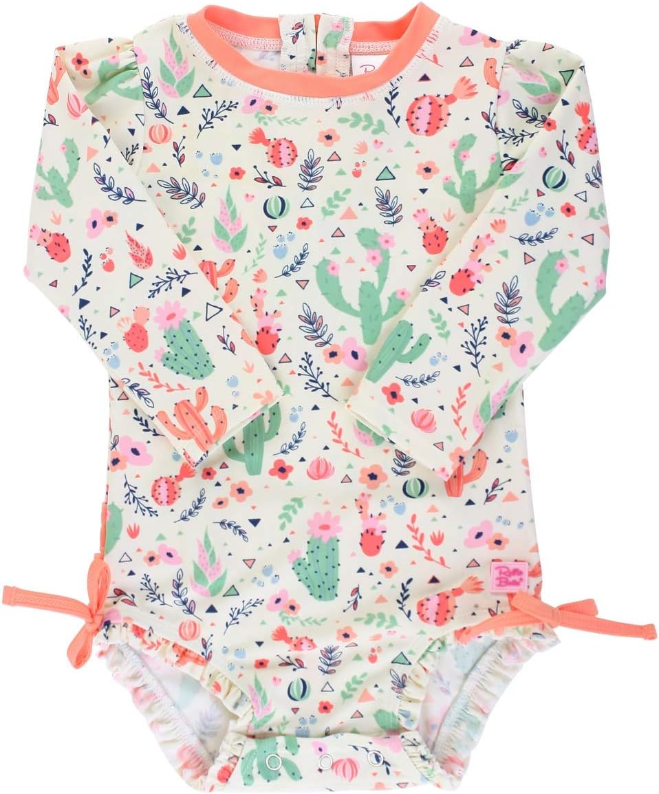RuffleButts Baby Girls UPF 50+ Sun Protection Novelty Print Long Sleeve One Piece Rash Guard Swimsuit with Zipper - Desert Blossoms X, 6-12m