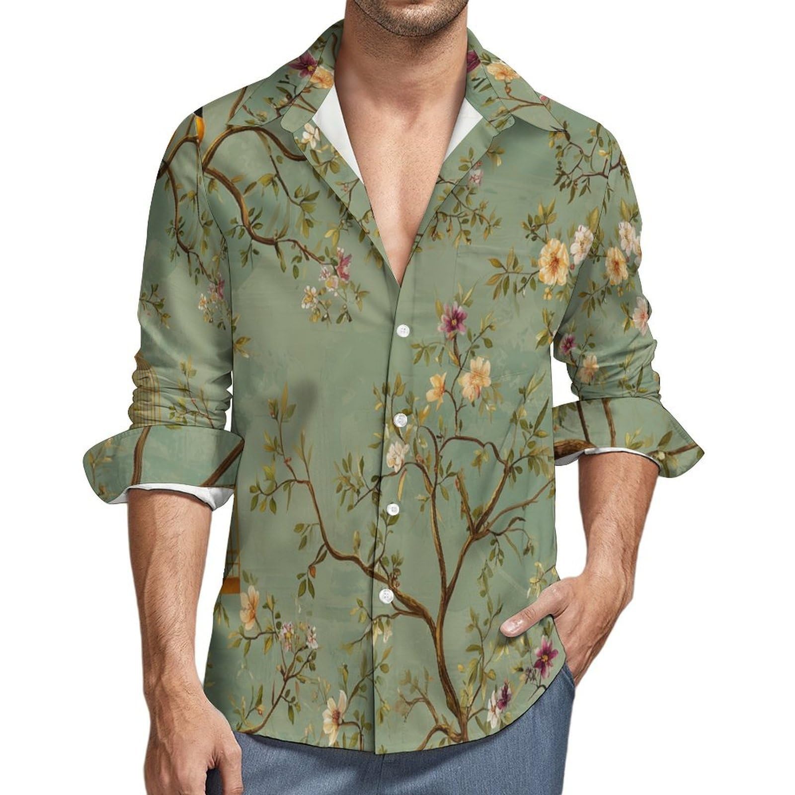 Hombres Camisa de Manga Larga Verde de Lino para con Bolsillo y Corte Regular Fit para Ocasiones de Playa y Vestir Casual Camisa de Verano Pájaro De Rama De Árbol Retro