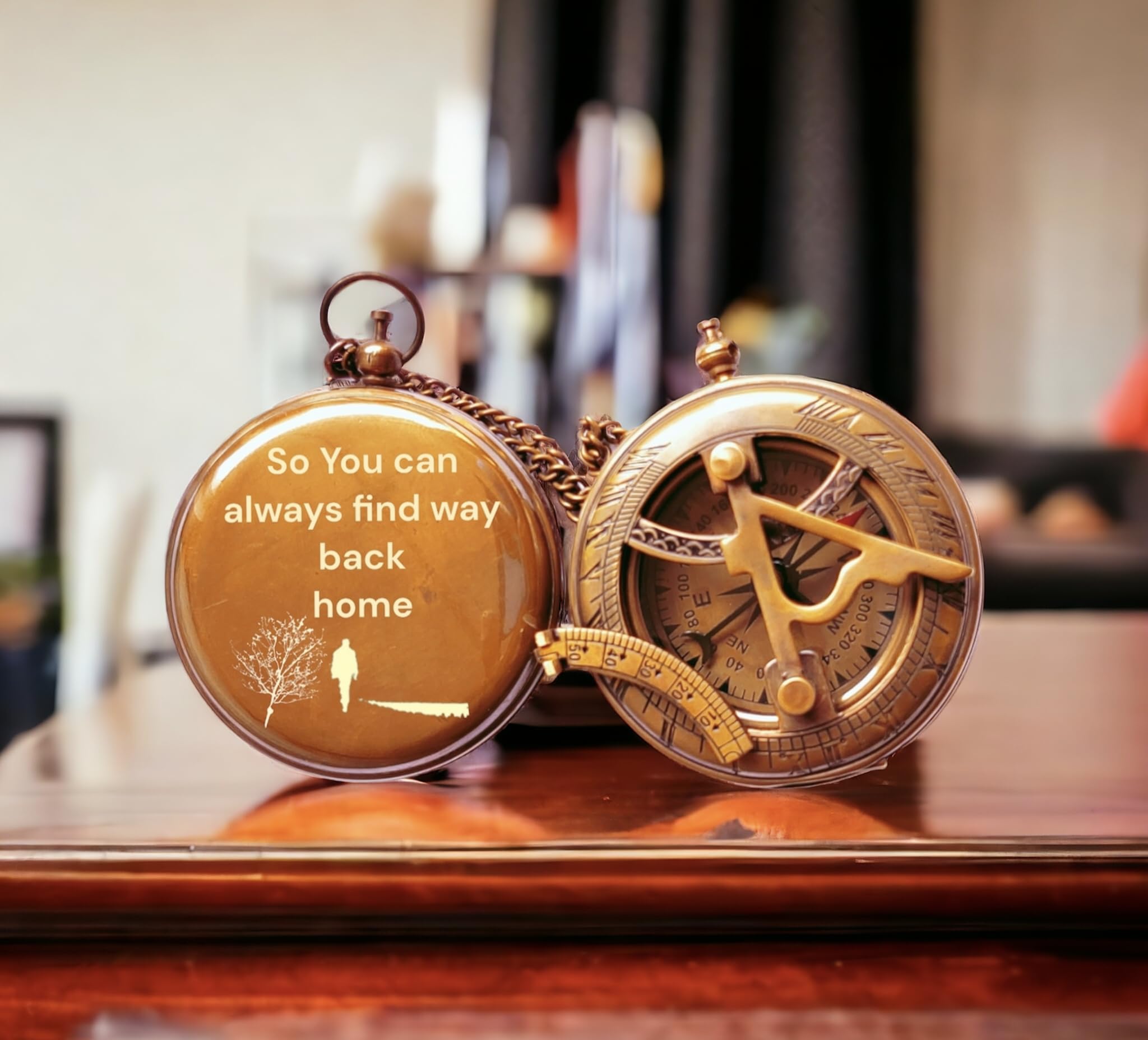 “So You Can Always Find Your Way Back Home” Famous Quote Engraved Brass Pocket Sundial Compass with Leather Case, Compass for Birthday Gift, Hiking, Baptism, Christian, Graduation Gifts