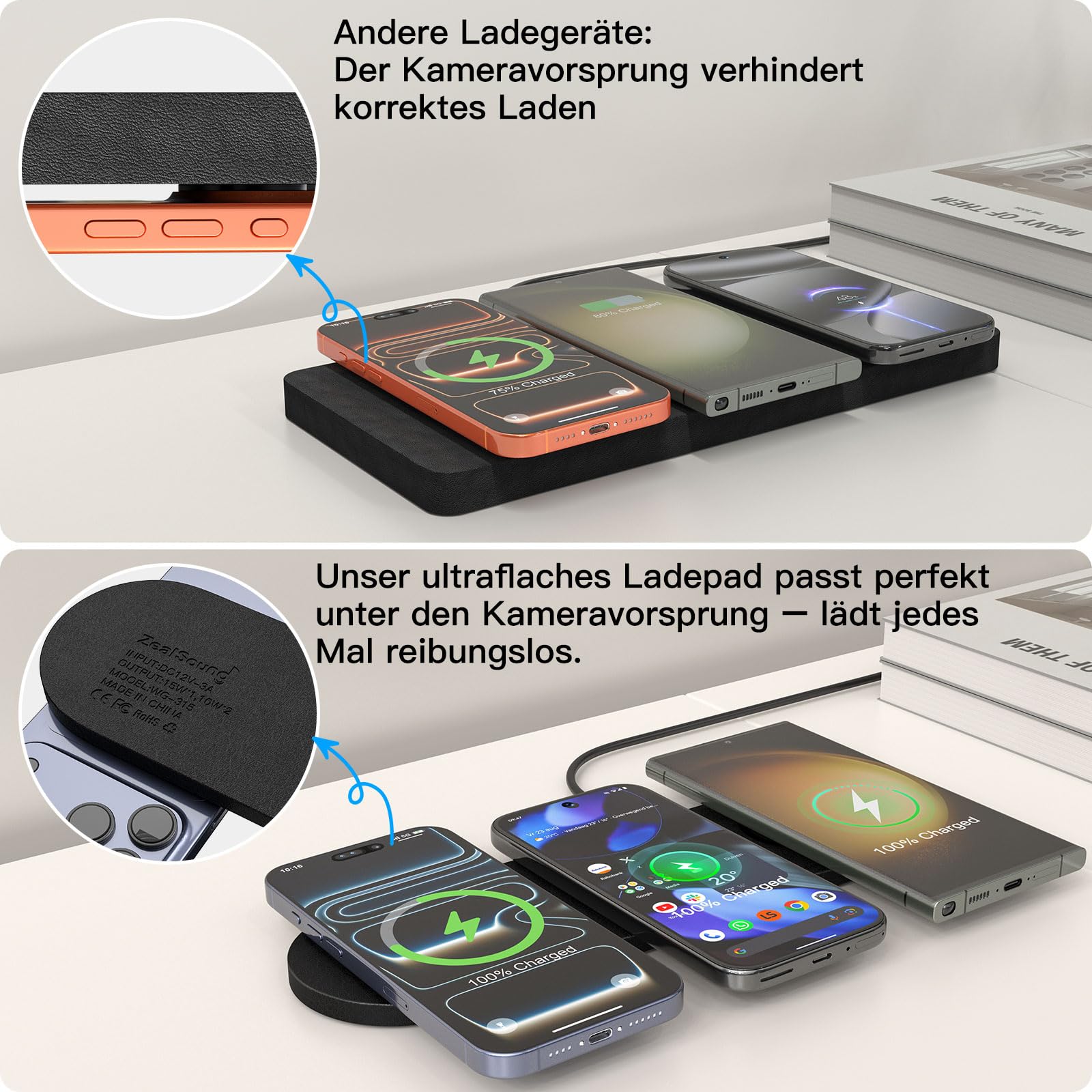 ZealSound Wireless Charger, 3-in-1 induktive Ladegerät für iPhone 17 16 15, Samsung Galaxy, AirPods & Galaxy Buds, Ultraschlankes PU-Leder-Design für Zuhause, Büro und Reisen, mit 36W EU-Stecker