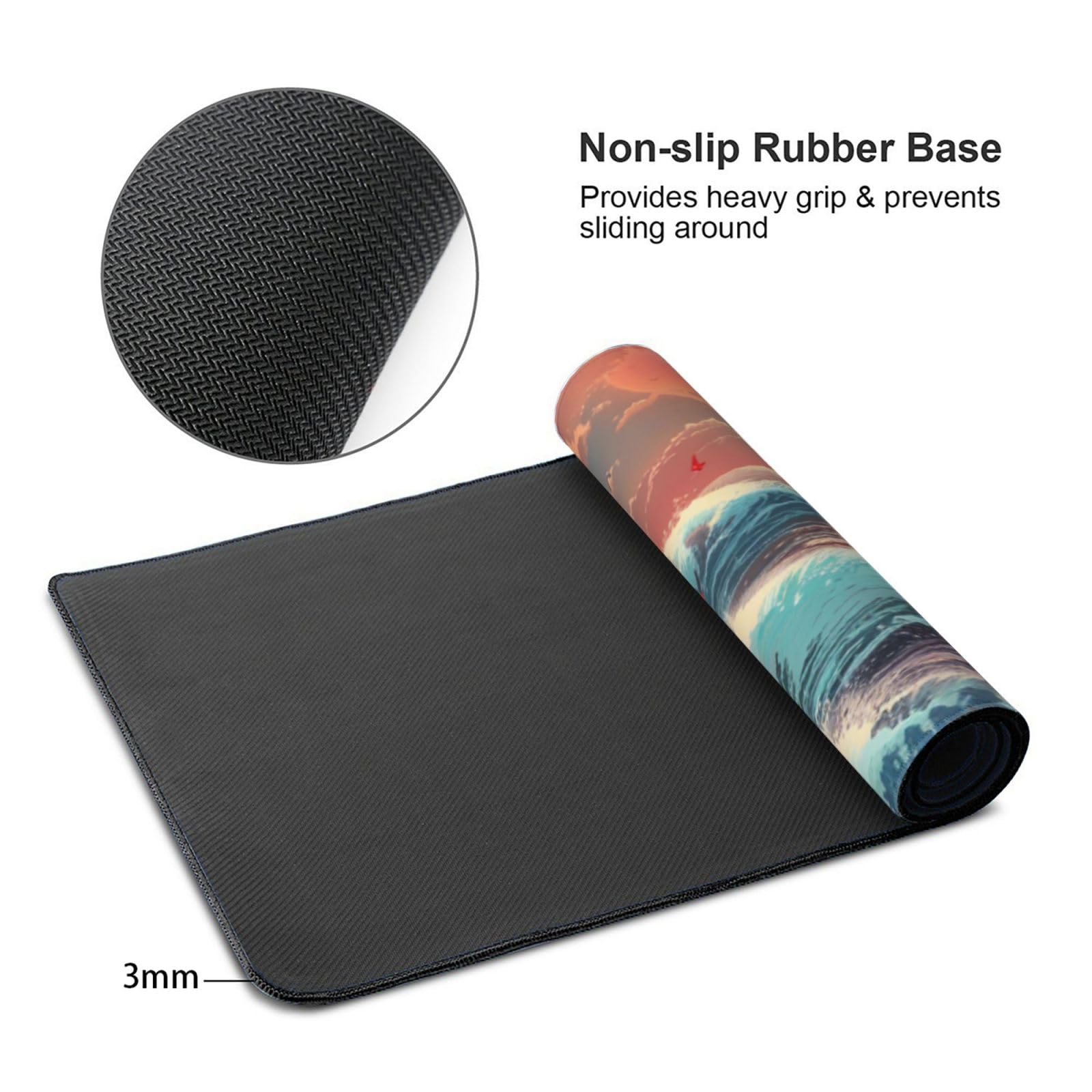 Alfombrilla de escritorio japonesa, 48 x 24 pulgadas, alfombrilla de mouse grande extendida con ondas marinas, tamaño XXXL, alfombrilla de mouse para juegos con base antideslizante de 3 mm y