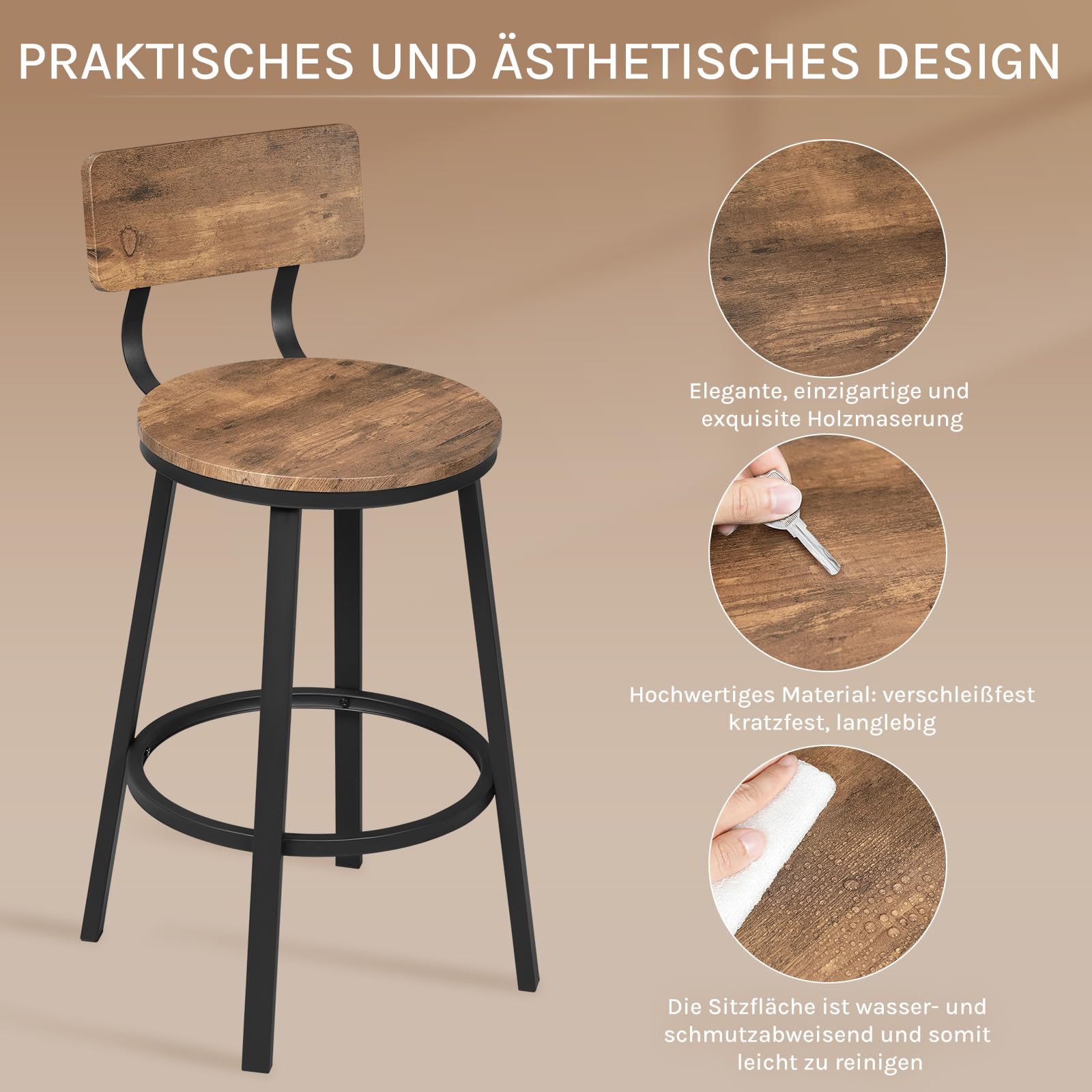 WOLTU Barhocker 2er Set, Barstuhl mit Rückenlehne, Industriestil, Braun