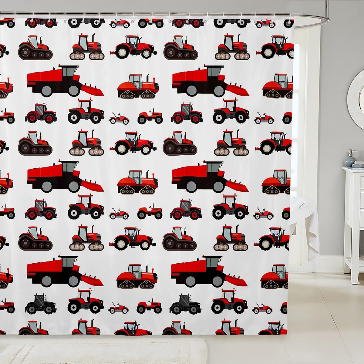 Erosebridal Red Tractor Shower Curtain Heavy Equipment Truck Bath Curtain Kids Boys Girls Teens Harvester Tractor Construction Excavator Farm Equipment Bathroom Sets Accessories 72" W x 72" L