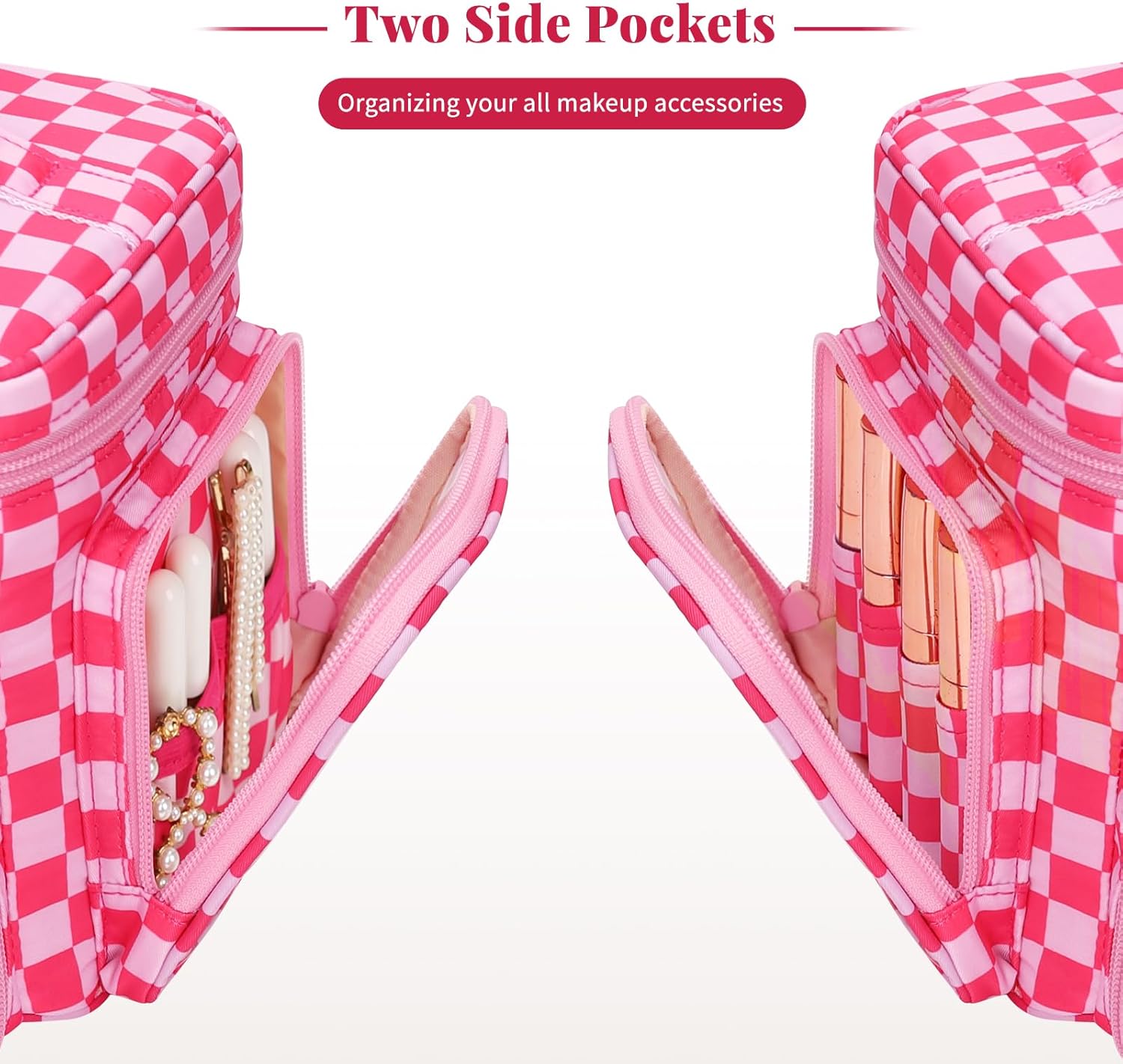 Large Checkered Makeup Bag, Travel Makeup Bag Organizer for Women Girls with Makeup Brush Compartment & Two Side Pockets, Cosmetic Travel Bag Vertical Storage Toiletry Bag- Hotpink - Image 5