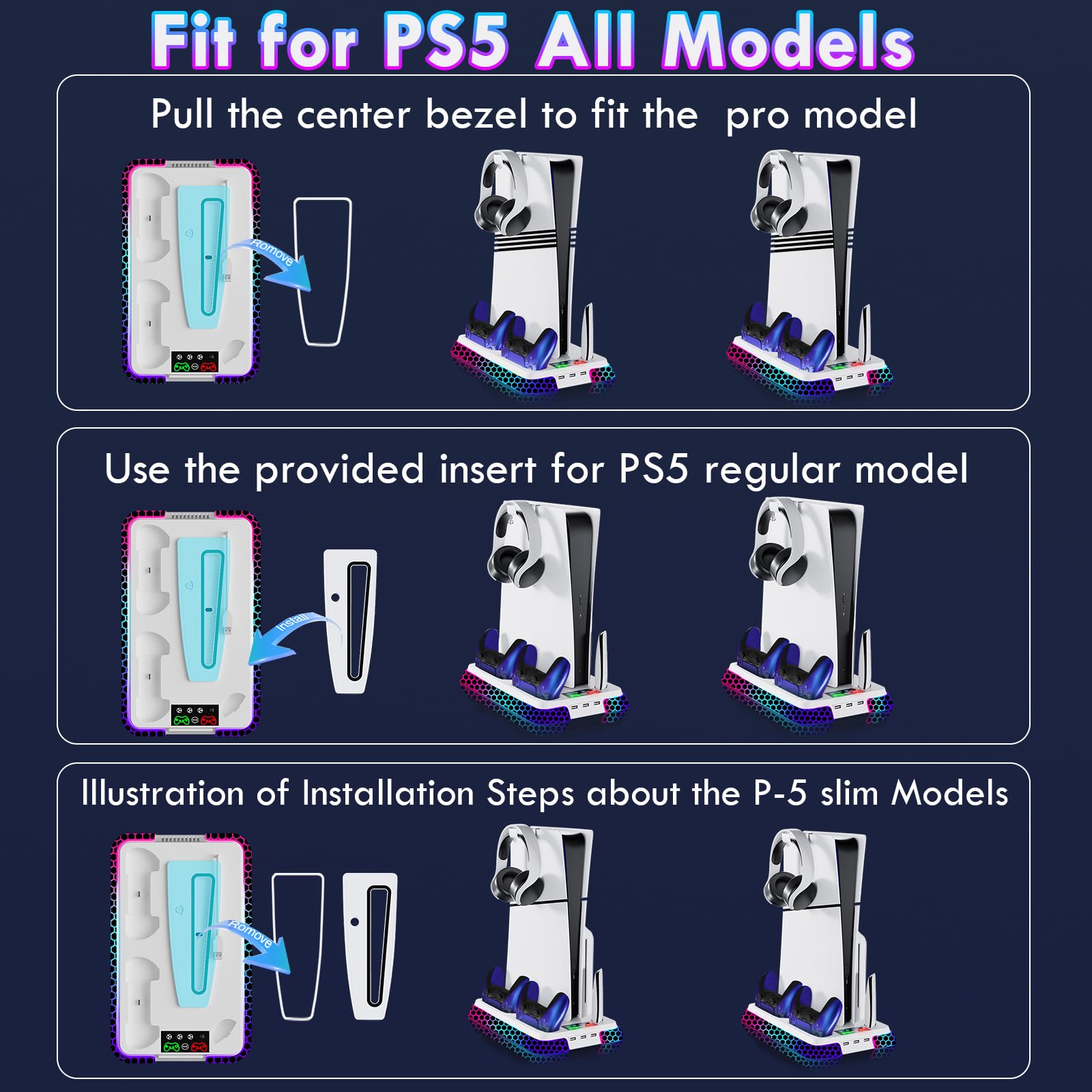 Ugame Estación de refrigeración PS5 para consola PS5/Pro/Slim con luces RGB, soporte PS5 con ventiladores de refrigeración silenciosos de 3 niveles, cargador de controlador dual y concentradores USB