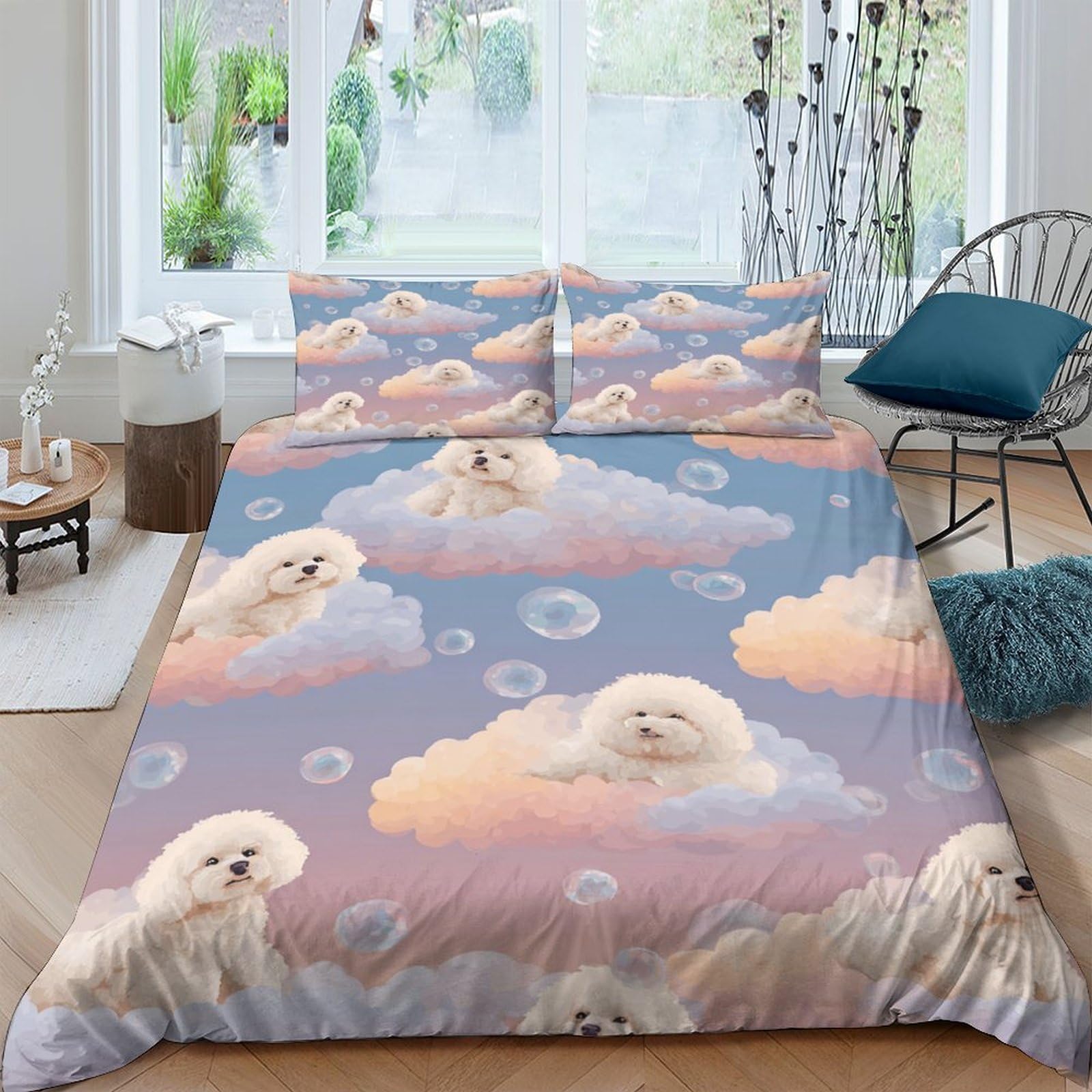 Ctjqhvkz Style-2 3D Printed Fluffy Dog Cloud Fitted Sheet Microfiber Soft Cartoon Bubble Mattress Cover Bedroom Dorm Decor Single（135X200cm）
