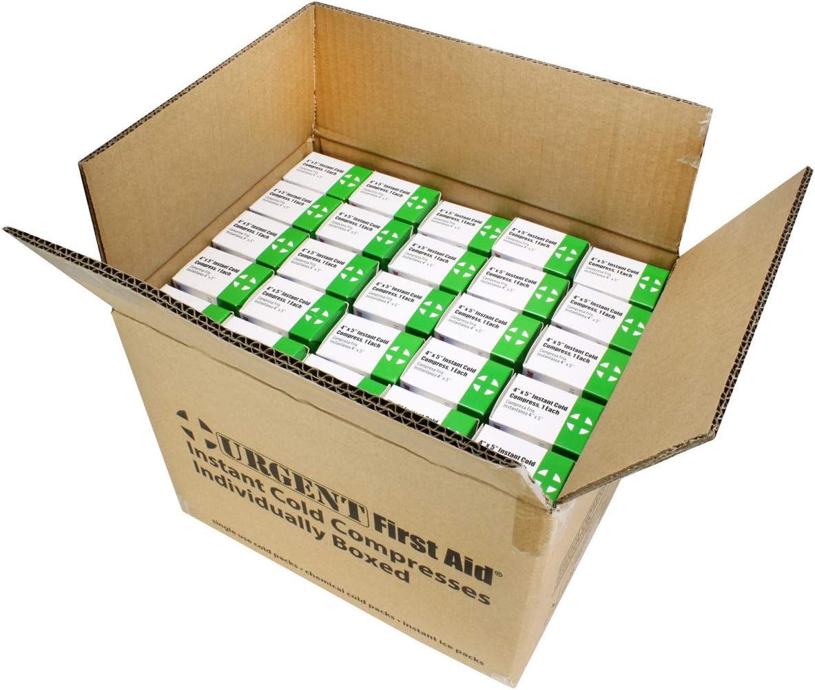 Case of 50 Individually Boxed Instant Cold Packs, 5" x 6" (4"x5" cold area) Disposable Cold Compresses - No pre-chilling required for fast first aid treatment & relief of aches, pains, bumps & bruises