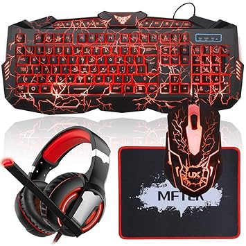 MFTEK Store Combo of LED Backlit Keyboard, USB Wired Gaming Mouse, Lighted PC Gaming Headset with Microphone Set and Mouse Pad for Computer Game Official Work