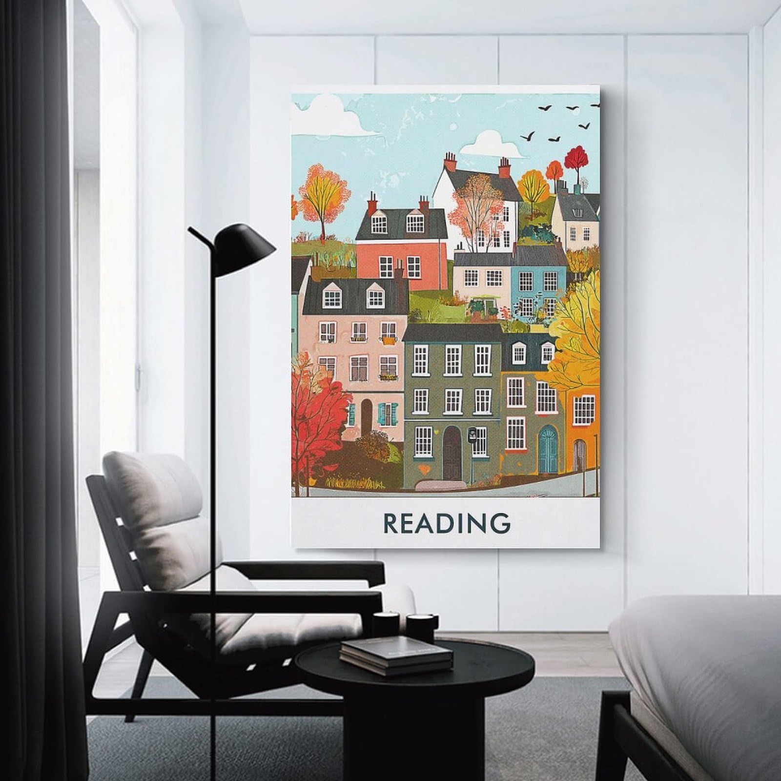 Junmoney Room Decor Wall Art Reading Town Illustration, 20x30inch(50x75cm), for Entrance Spaces, Stair Walls Or Halls, Home Artwork for First Impressions