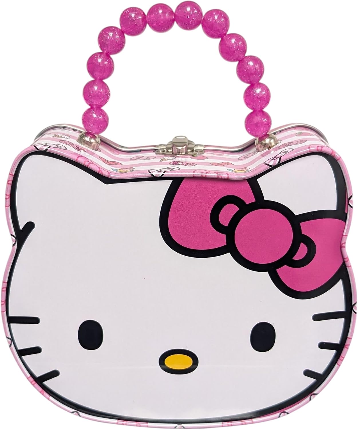 Hello Kitty Head Shaped Tin Carry All with Beaded Handle, Clasp and Hinge
