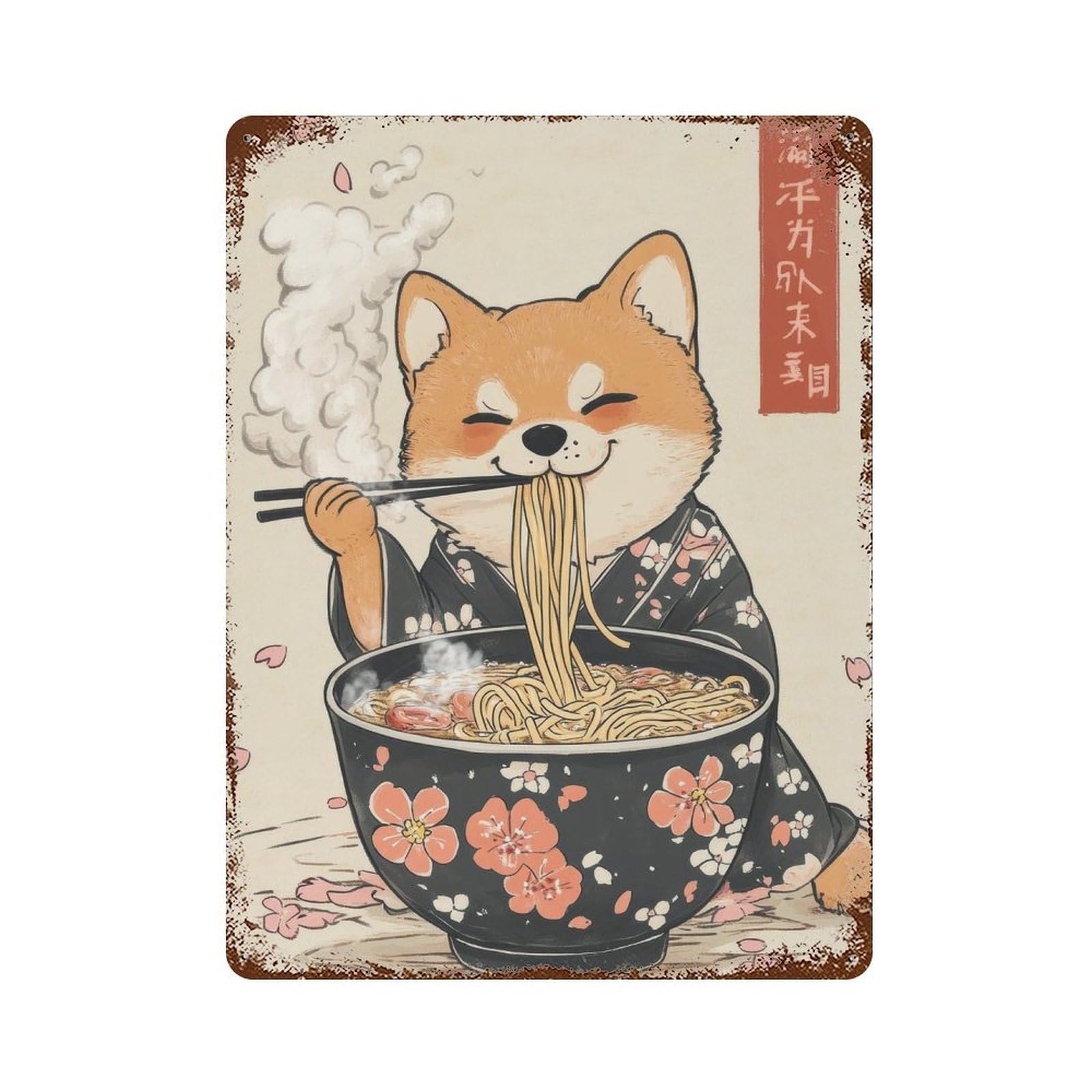 xiaoxiaoshen Shiba Slurping Ramen Whimsical Japanese Style Dog Wall Decor Art Metal Tin Poster Modern Home Decor Art Home Bar Shop Decorations Vintage Sign 40x30cm